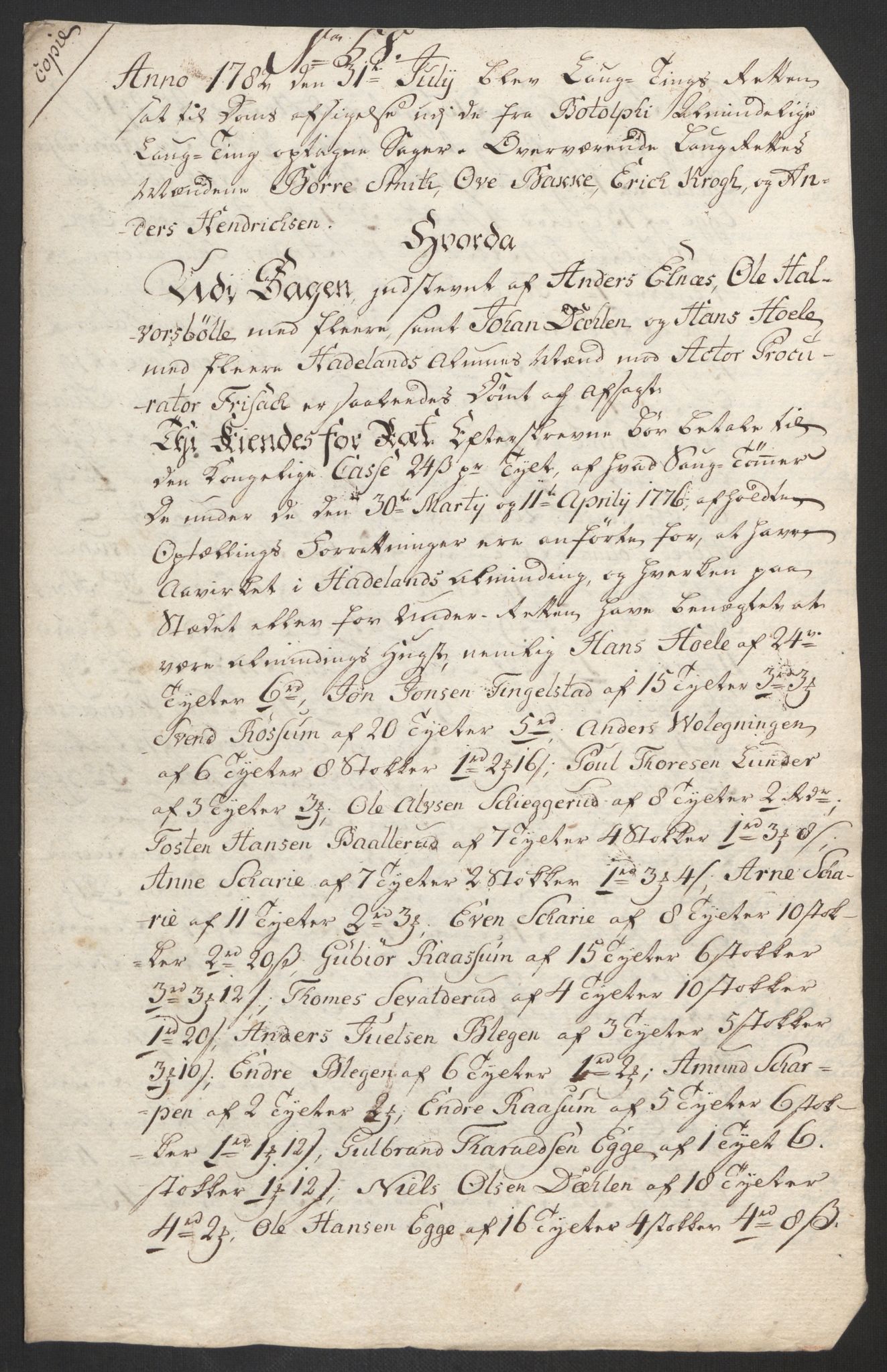 Rentekammeret inntil 1814, Reviderte regnskaper, Fogderegnskap, AV/RA-EA-4092/R19/L1369: Fogderegnskap Toten, Hadeland og Vardal, 1782, s. 202