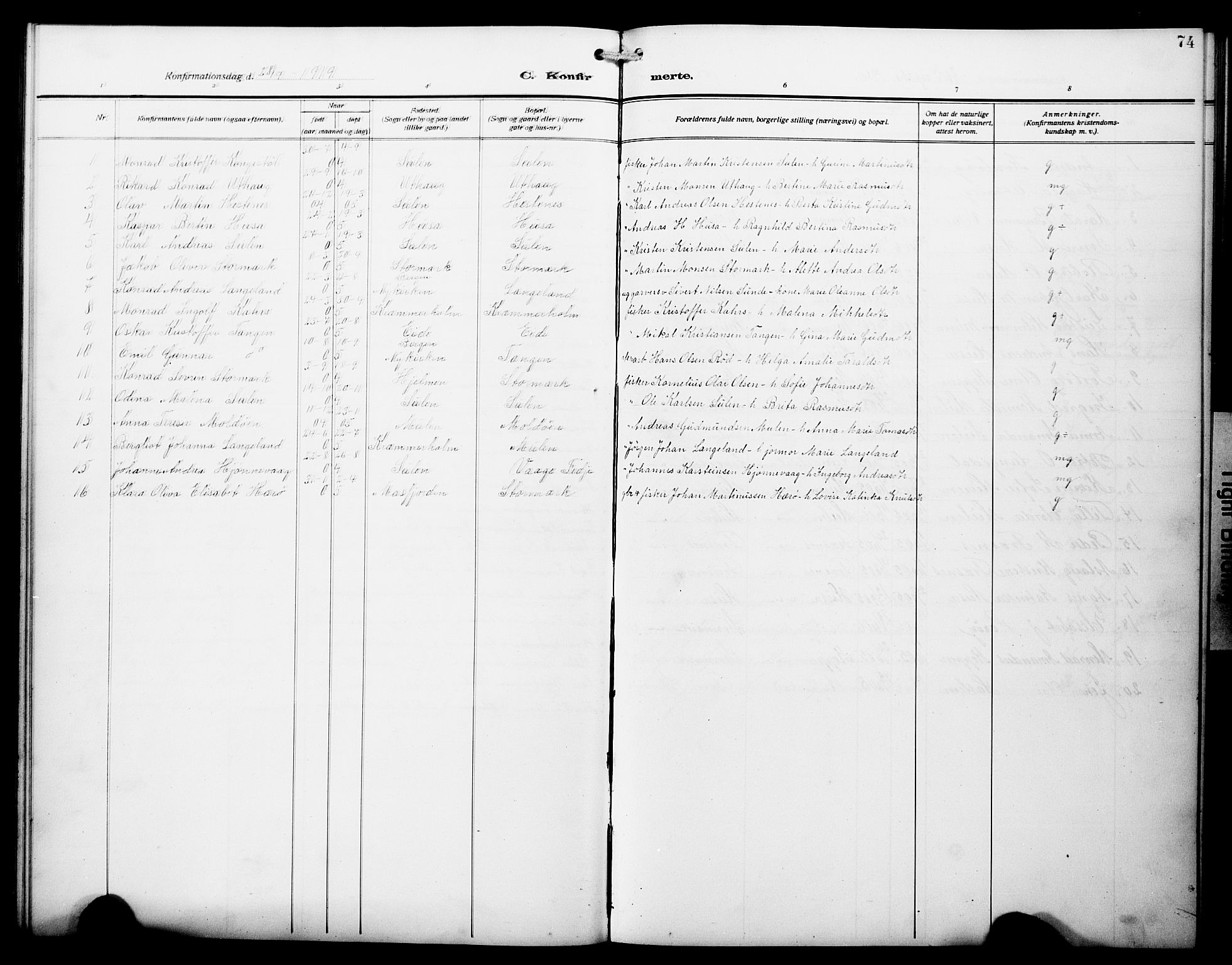 Lindås Sokneprestembete, AV/SAB-A-76701/H/Hab/Habd/L0004: Klokkerbok nr. D 4, 1913-1928, s. 74