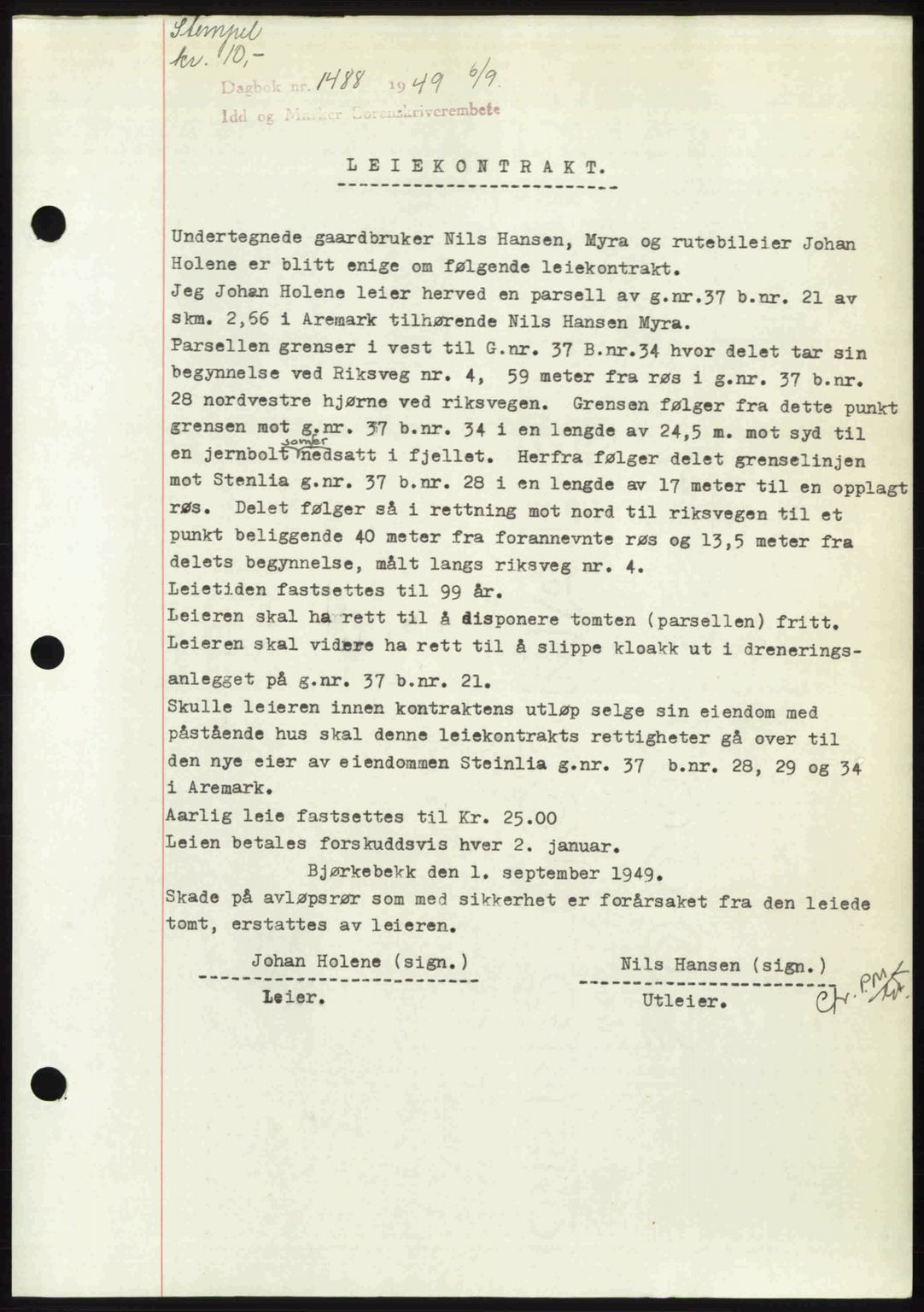 Idd og Marker sorenskriveri, SAO/A-10283/G/Gb/Gbb/L0012: Pantebok nr. A12, 1949-1949, Dagboknr: 1488/1949