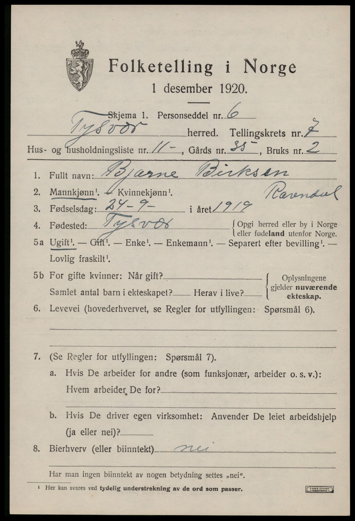 SAST, Folketelling 1920 for 1146 Tysvær herred, 1920, s. 2524