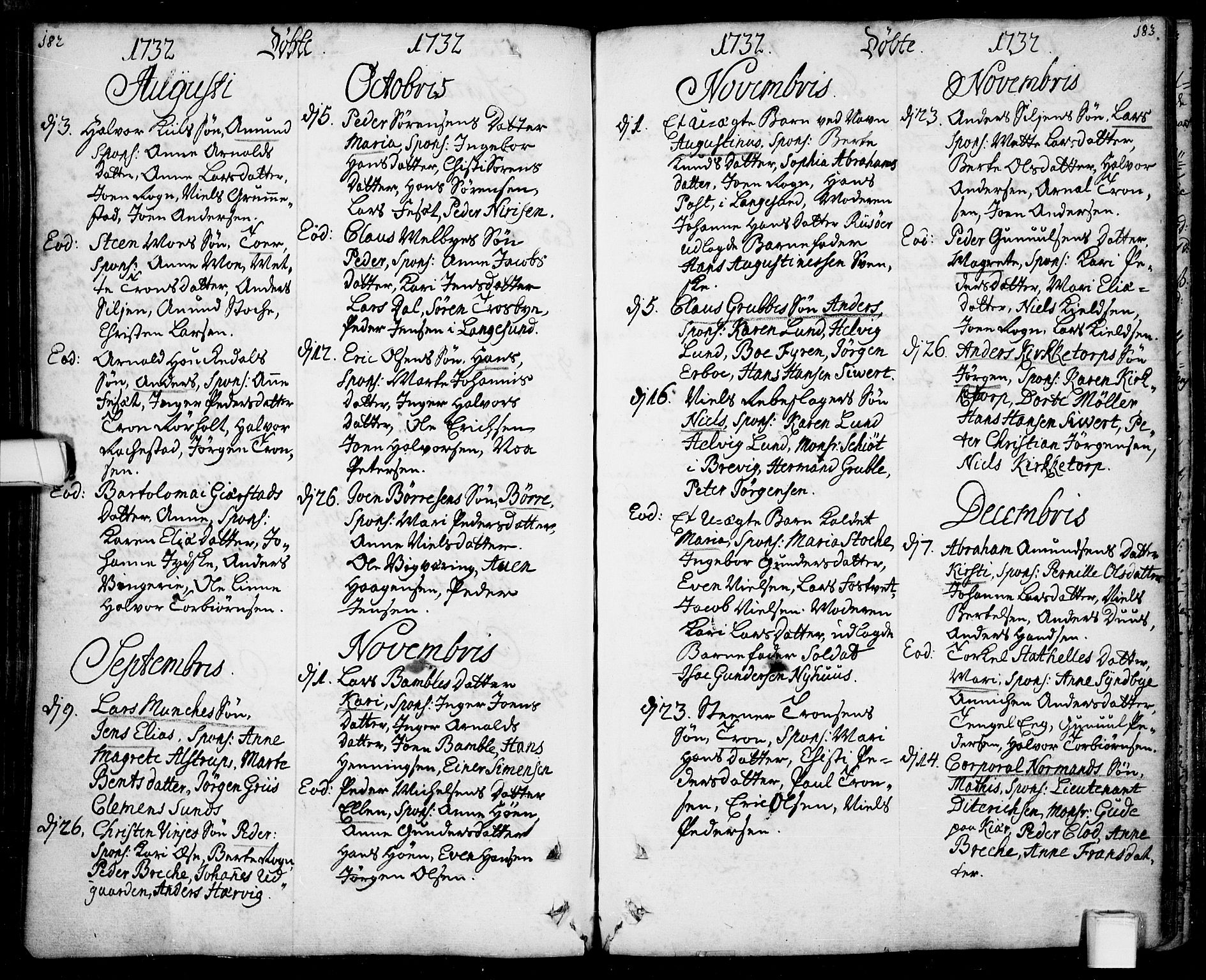 Bamble kirkebøker, SAKO/A-253/F/Fa/L0001: Ministerialbok nr. I 1, 1702-1774, s. 182-183