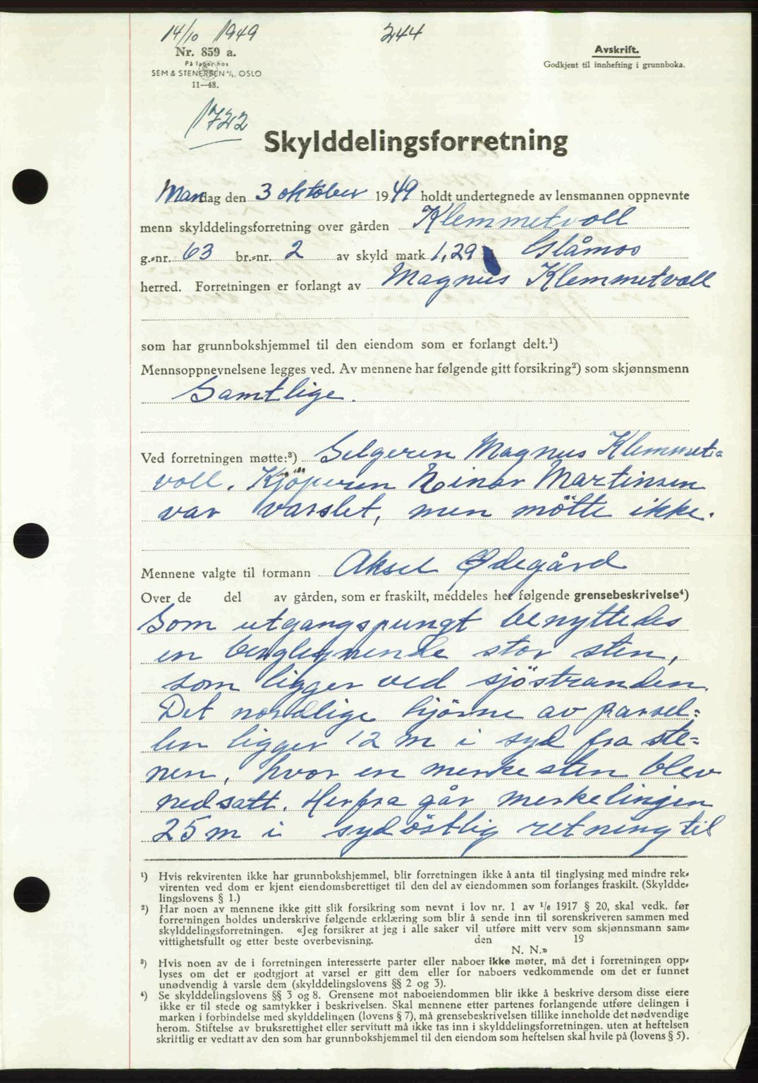 Gauldal sorenskriveri, SAT/A-0014/1/2/2C: Pantebok nr. A8, 1949-1949, Dagboknr: 1722/1949