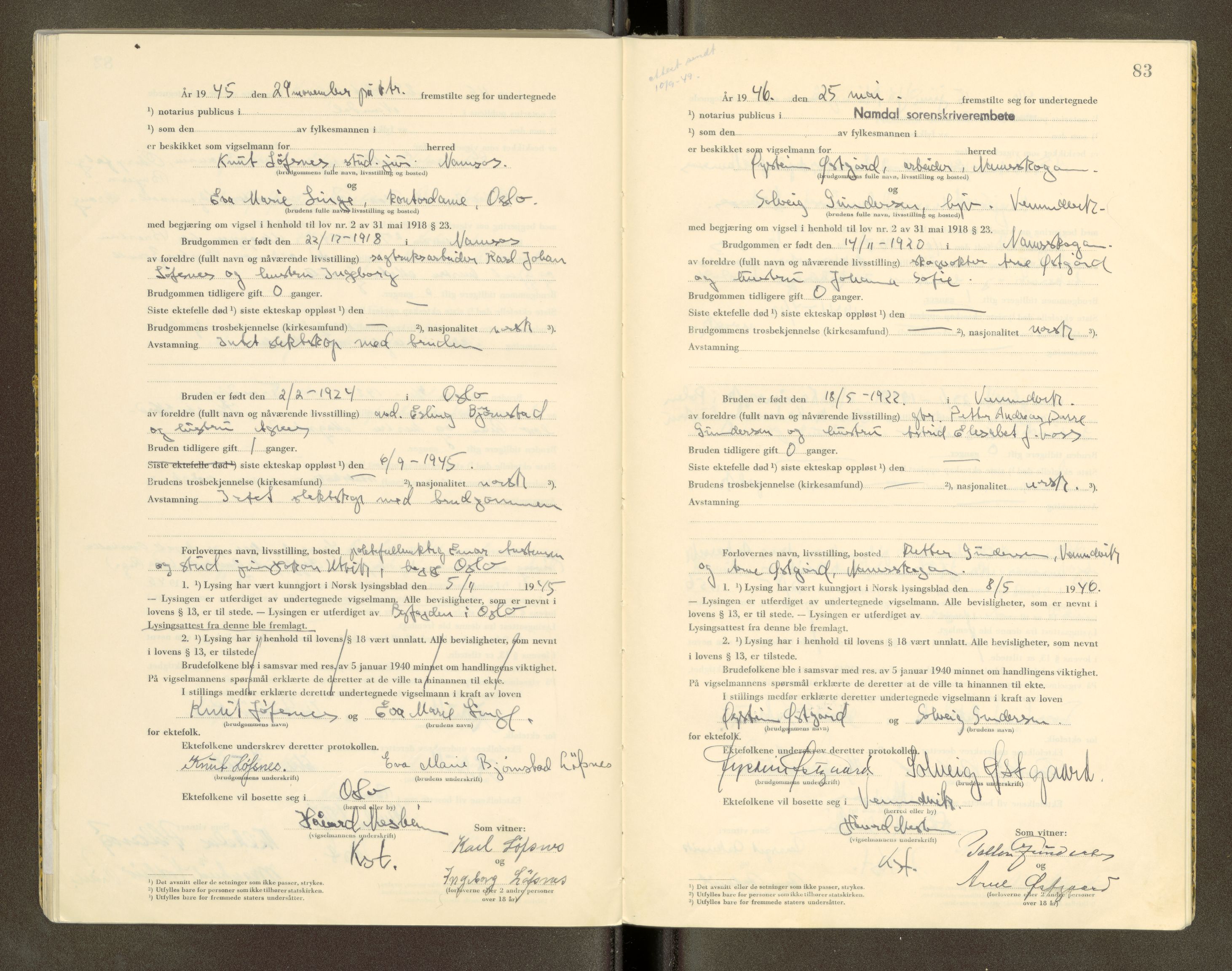 Namdal sorenskriveri, AV/SAT-A-4133/1/6/6D/L0001: Vigselbøker, 1940-1948, s. 83