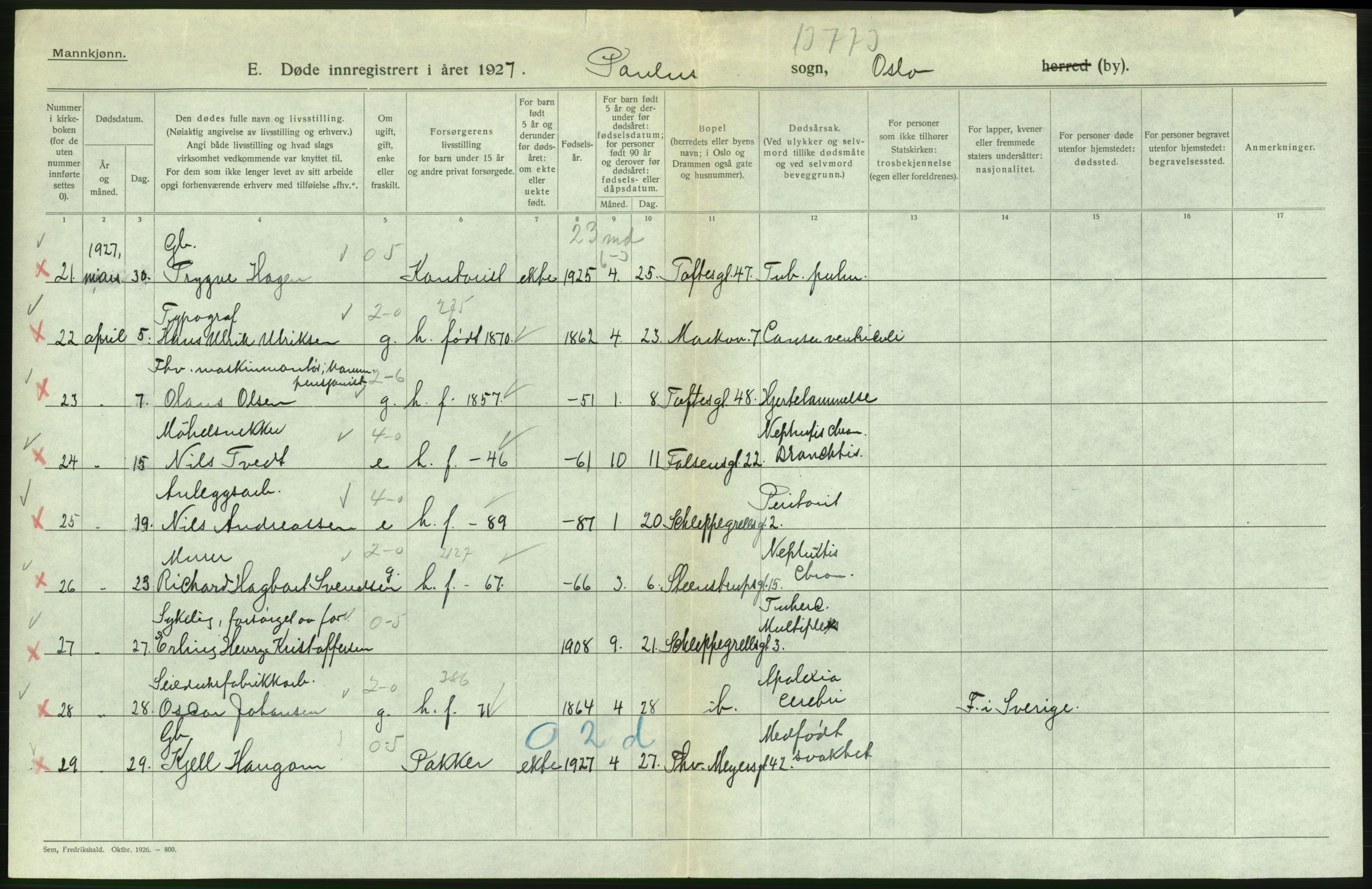 Statistisk sentralbyrå, Sosiodemografiske emner, Befolkning, AV/RA-S-2228/D/Df/Dfc/Dfcg/L0009: Oslo: Døde menn, 1927, s. 354