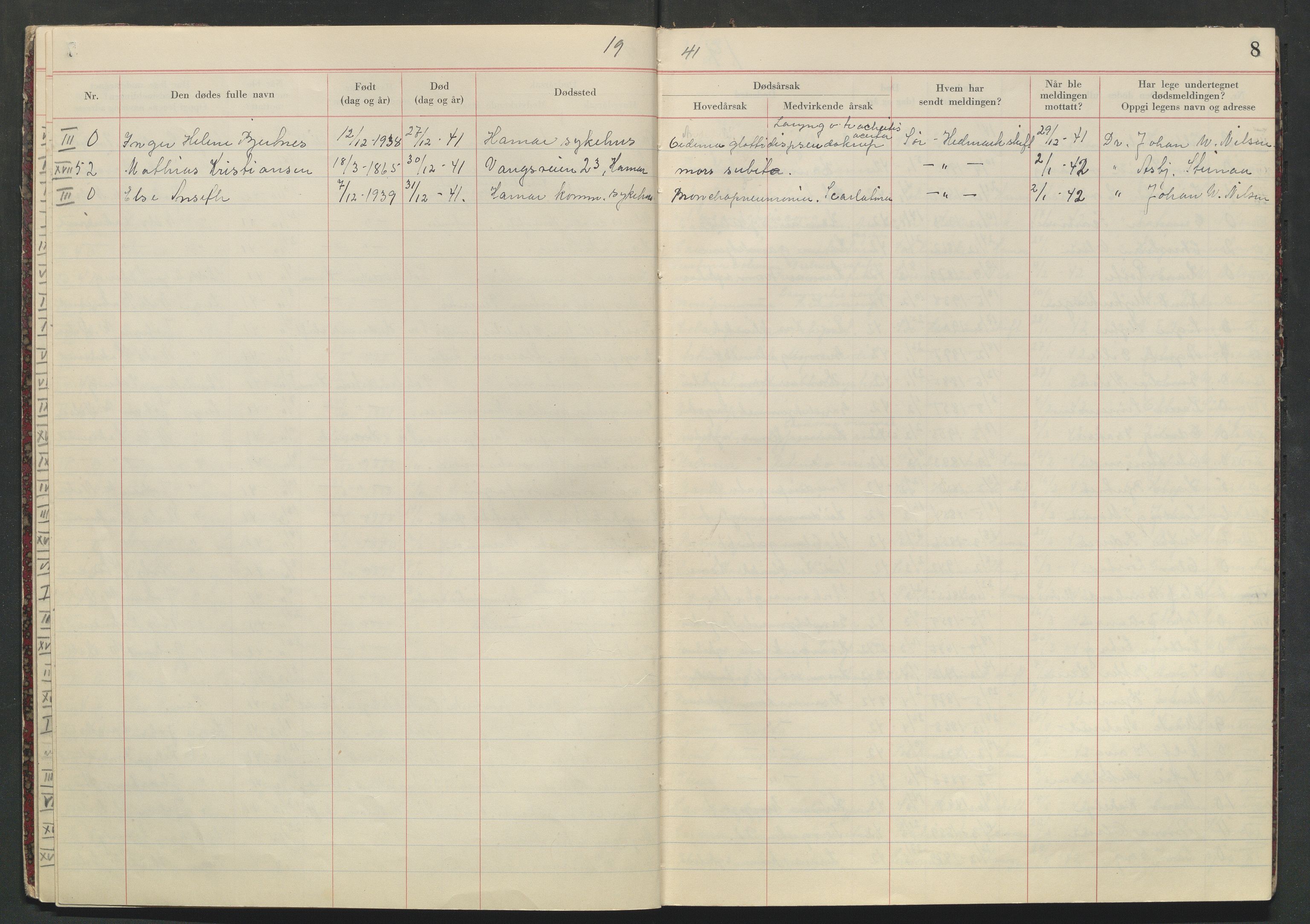 Hamar helseråd, SAH/HELSER-005/I/Ia/L0001/0002: Protokoller for dødsfallsmeldinger / Protokoll for dødsfallsmeldinger, 1940-1950, s. 8