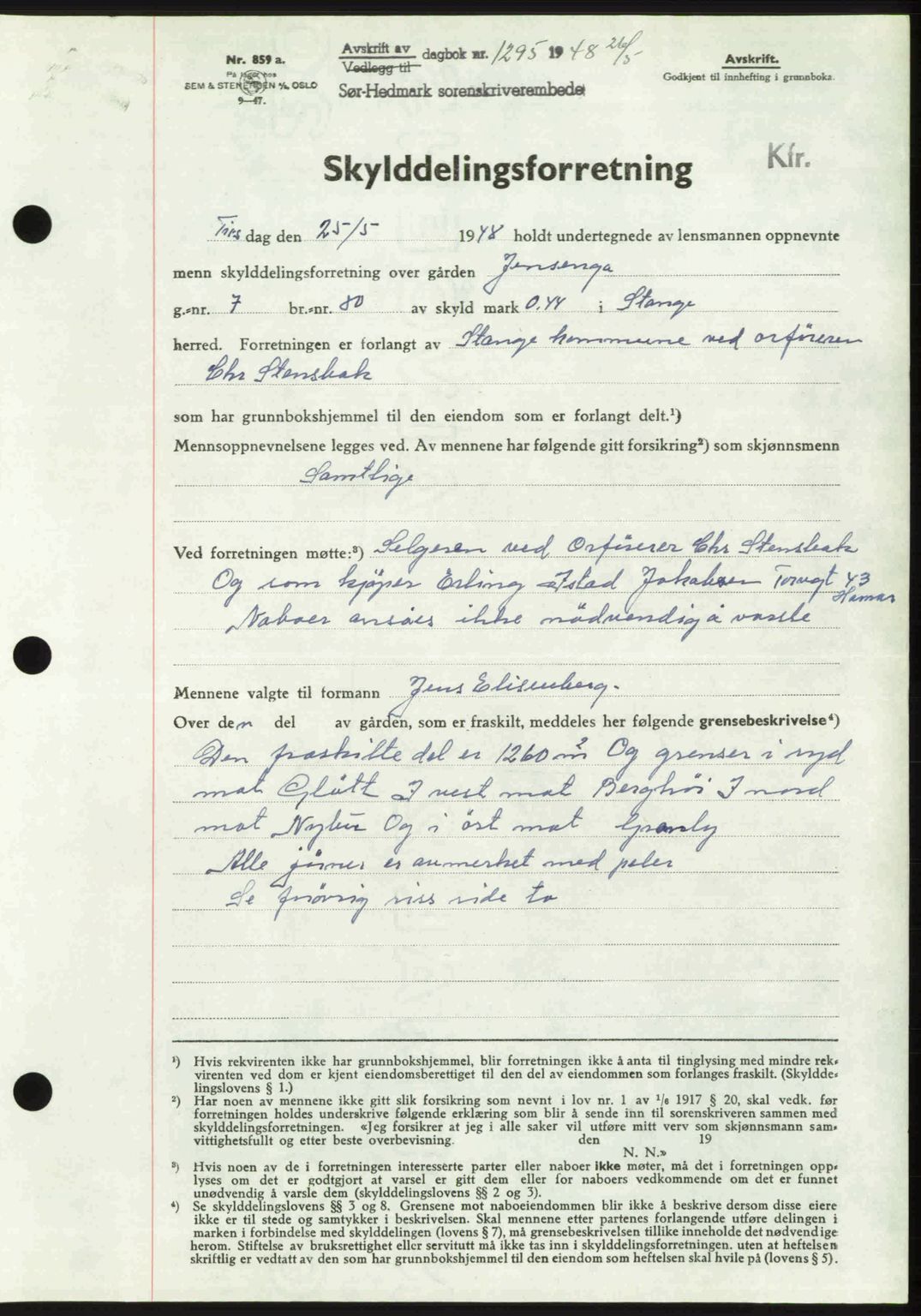 Sør-Hedmark sorenskriveri, AV/SAH-TING-014/H/Hb/Hbd/L0016: Pantebok nr. 16, 1948-1948, Dagboknr: 1295/1948