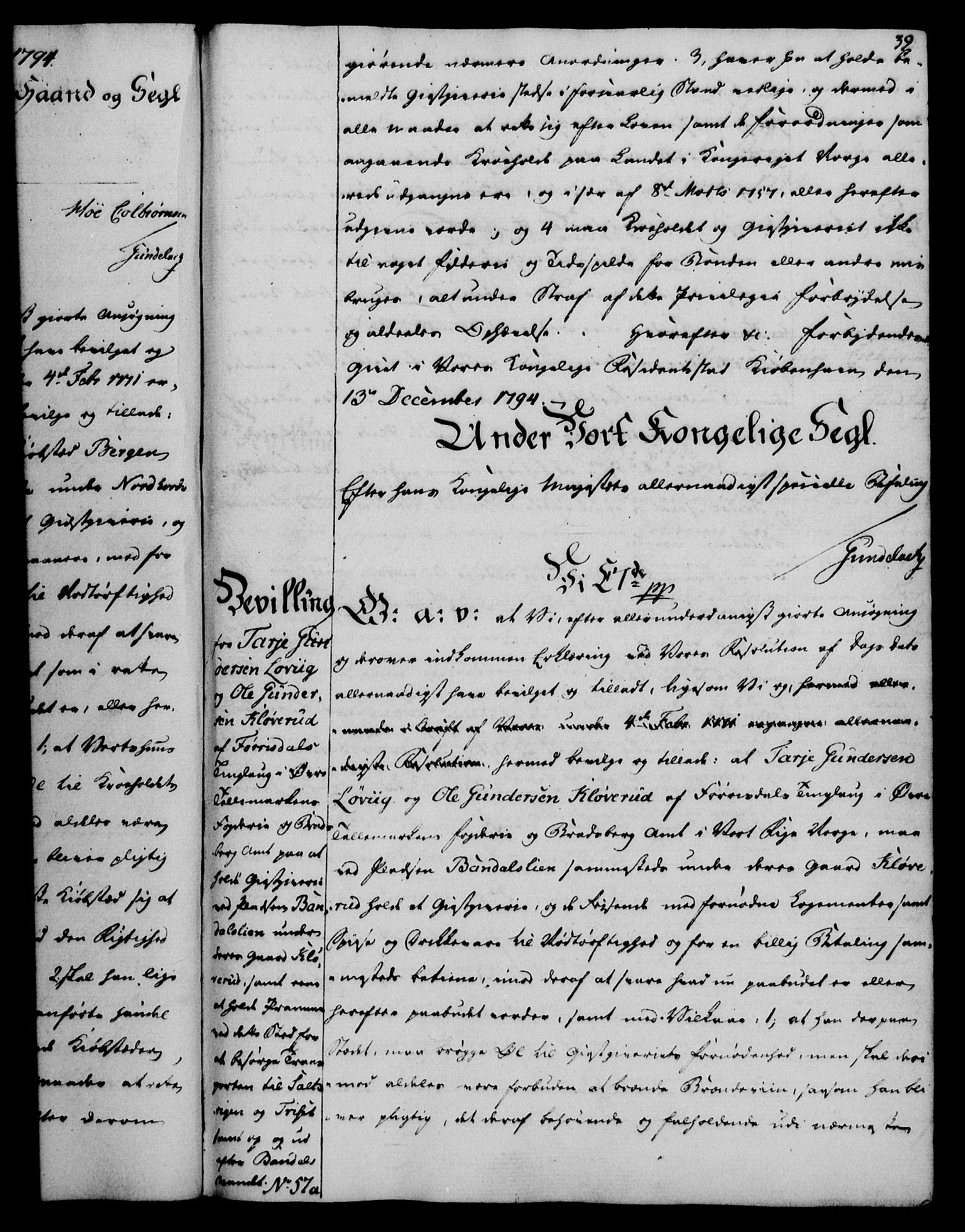 Rentekammeret, Kammerkanselliet, AV/RA-EA-3111/G/Gg/Gga/L0016: Norsk ekspedisjonsprotokoll med register (merket RK 53.16), 1794-1800, s. 39