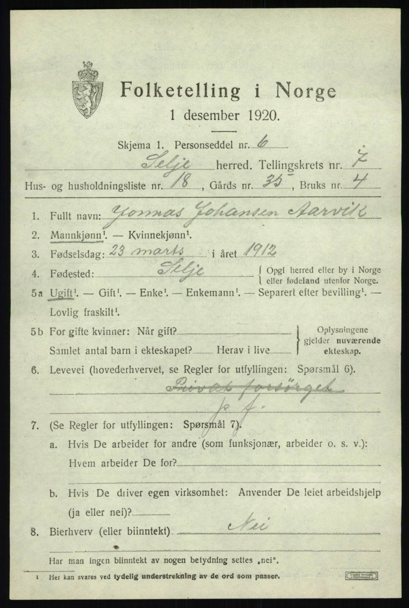 SAB, Folketelling 1920 for 1441 Selje herred, 1920, s. 3821