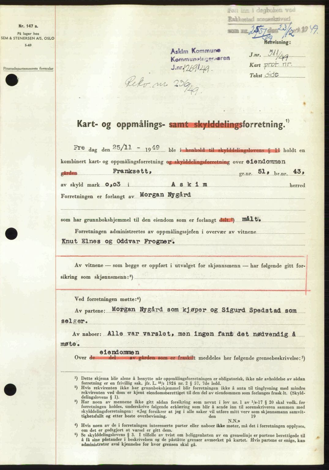 Rakkestad sorenskriveri, SAO/A-10686/G/Gb/Gba/Gbab/L0019: Pantebok nr. A19, 1949-1950, Dagboknr: 2551/1949