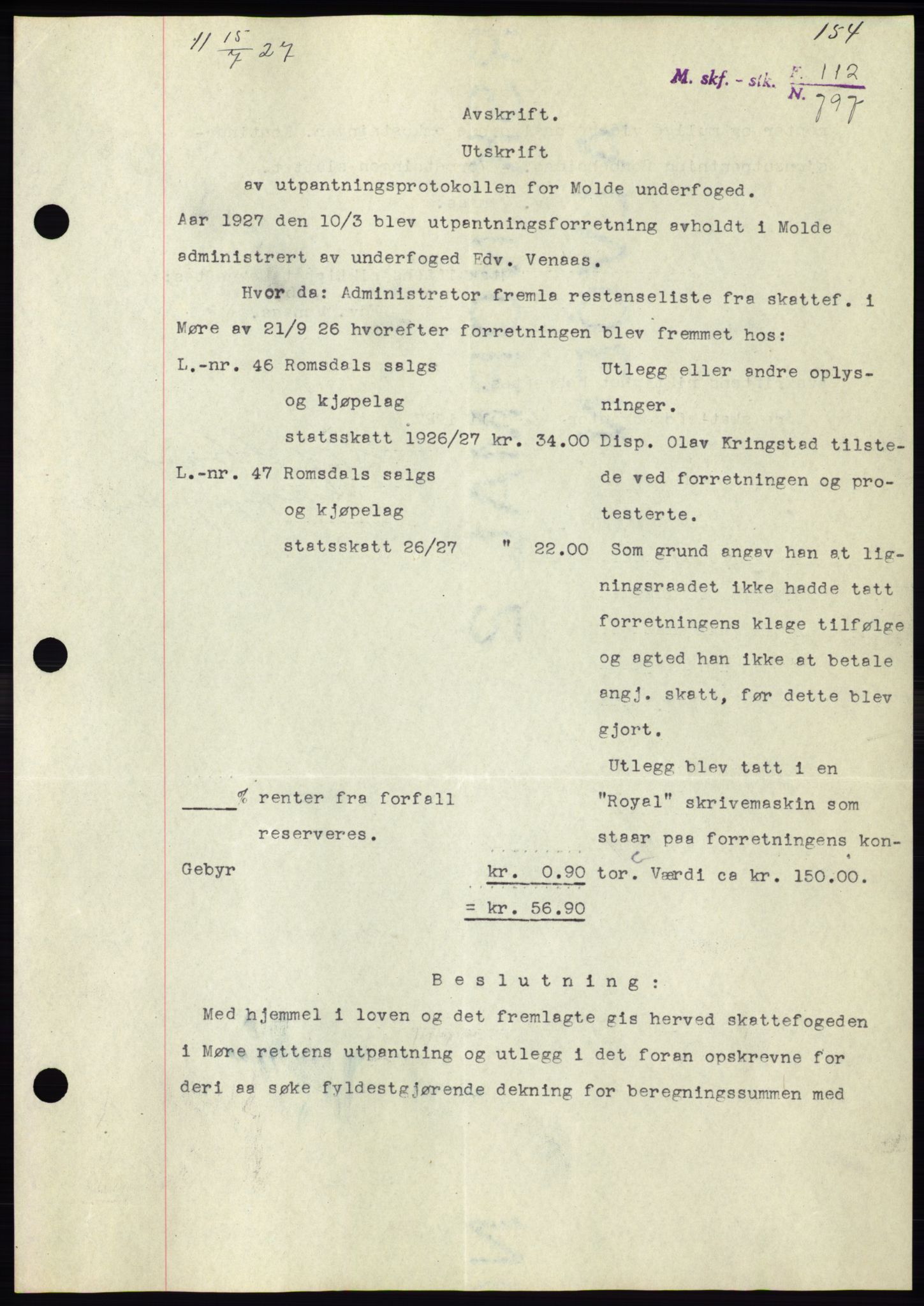 Molde byfogd, AV/SAT-A-0025/2/2C/L0011: Pantebok nr. 11, 1926-1932, Tingl.dato: 15.08.1927