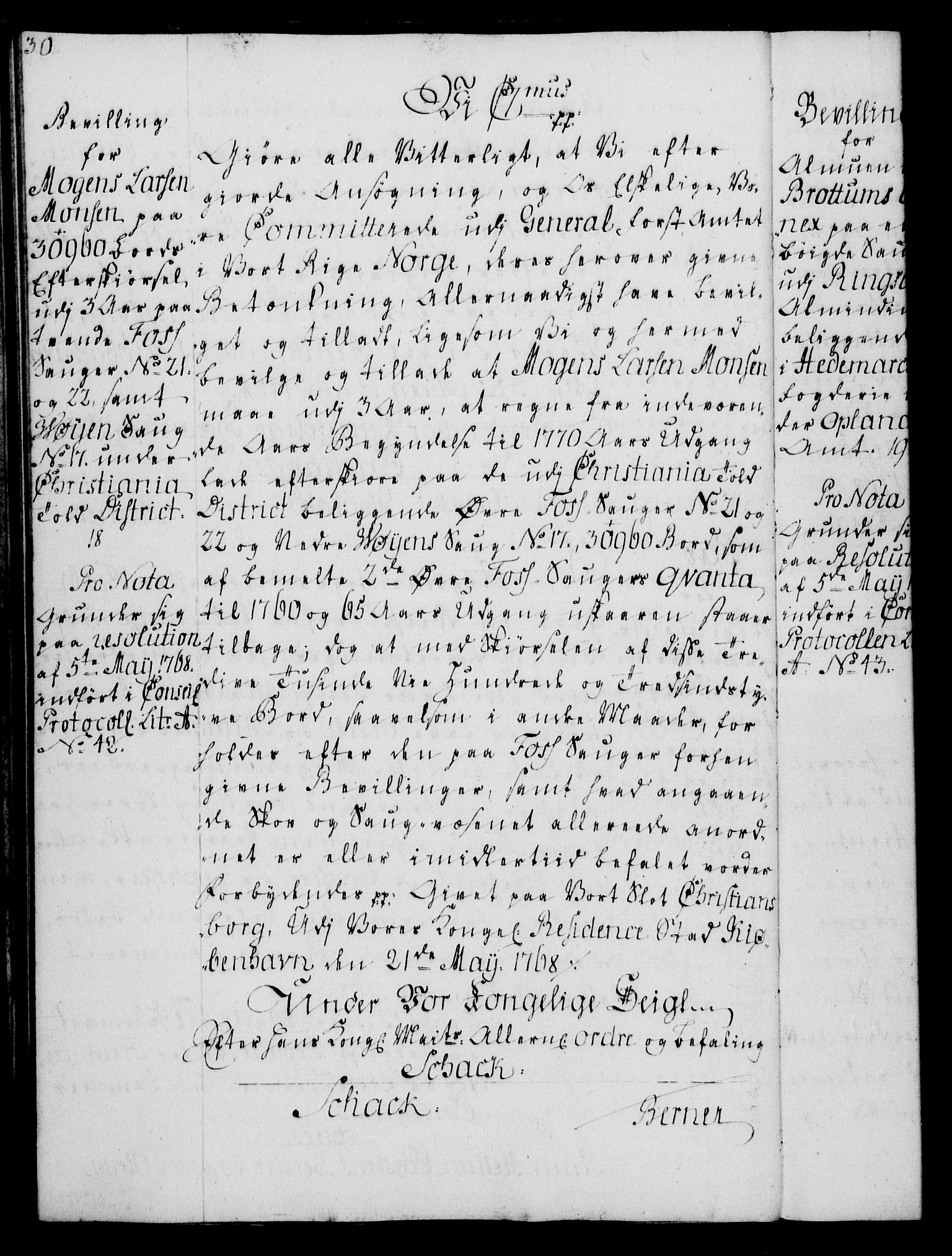 Rentekammeret, Kammerkanselliet, RA/EA-3111/G/Gg/Gga/L0008: Norsk ekspedisjonsprotokoll med register (merket RK 53.8), 1768-1771, s. 30