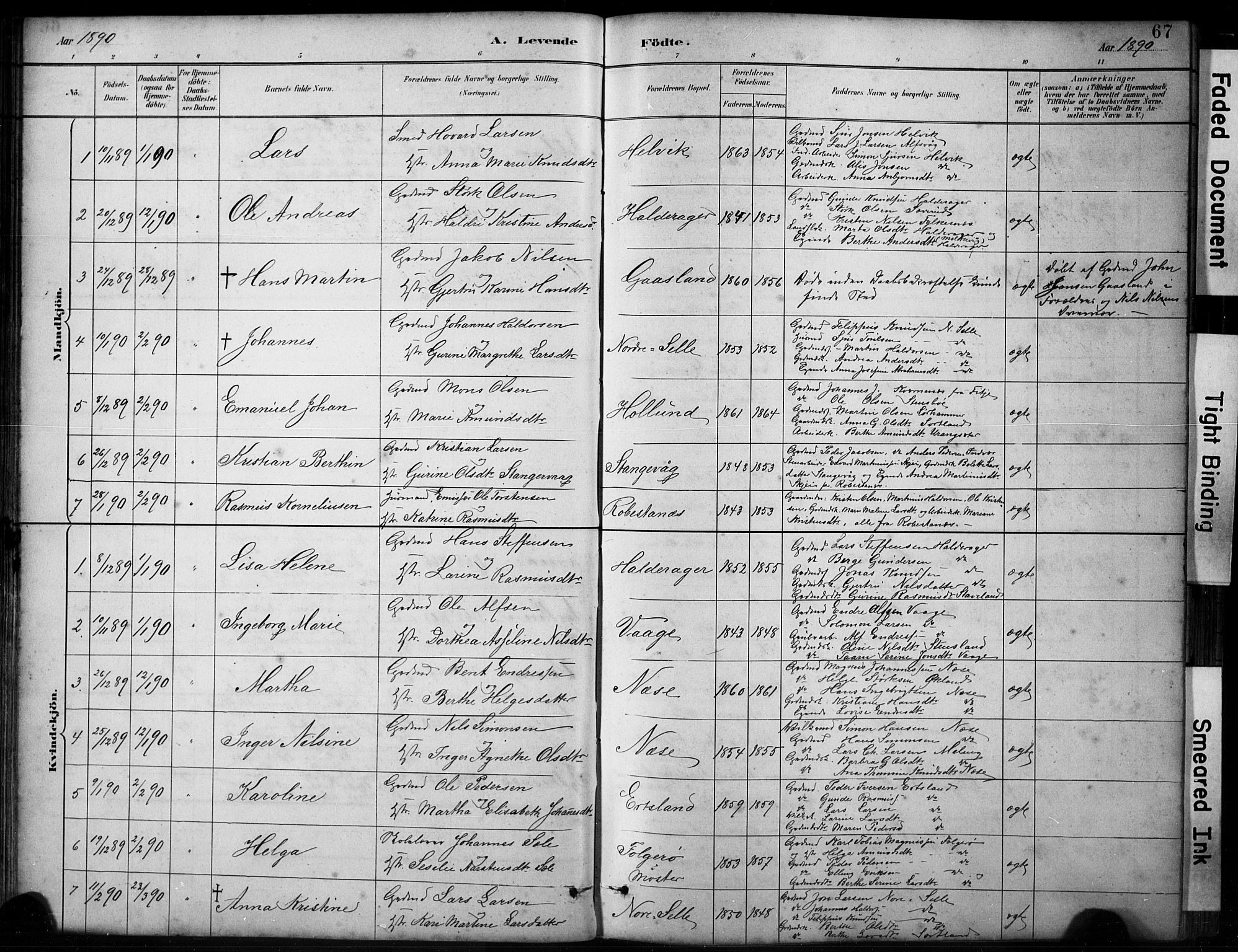 Finnås sokneprestembete, AV/SAB-A-99925/H/Ha/Hab/Habb/L0003: Klokkerbok nr. B 3, 1882-1897, s. 67