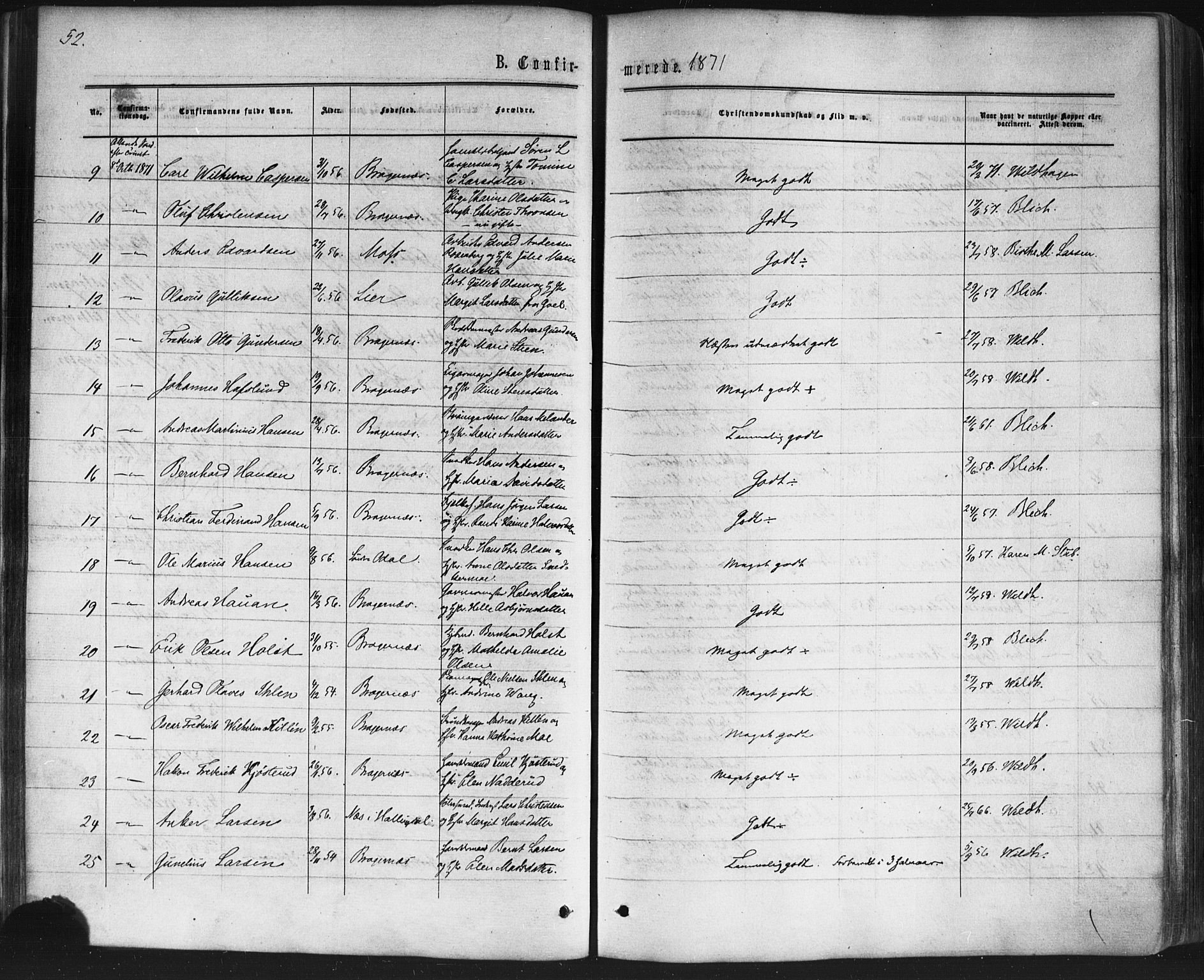 Bragernes kirkebøker, AV/SAKO-A-6/F/Fc/L0003: Ministerialbok nr. III 3, 1865-1874, s. 52