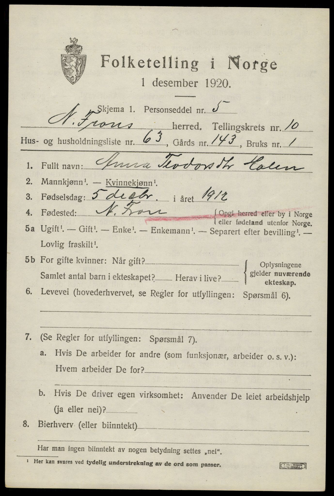 SAH, Folketelling 1920 for 0518 Nord-Fron herred, 1920, s. 8718