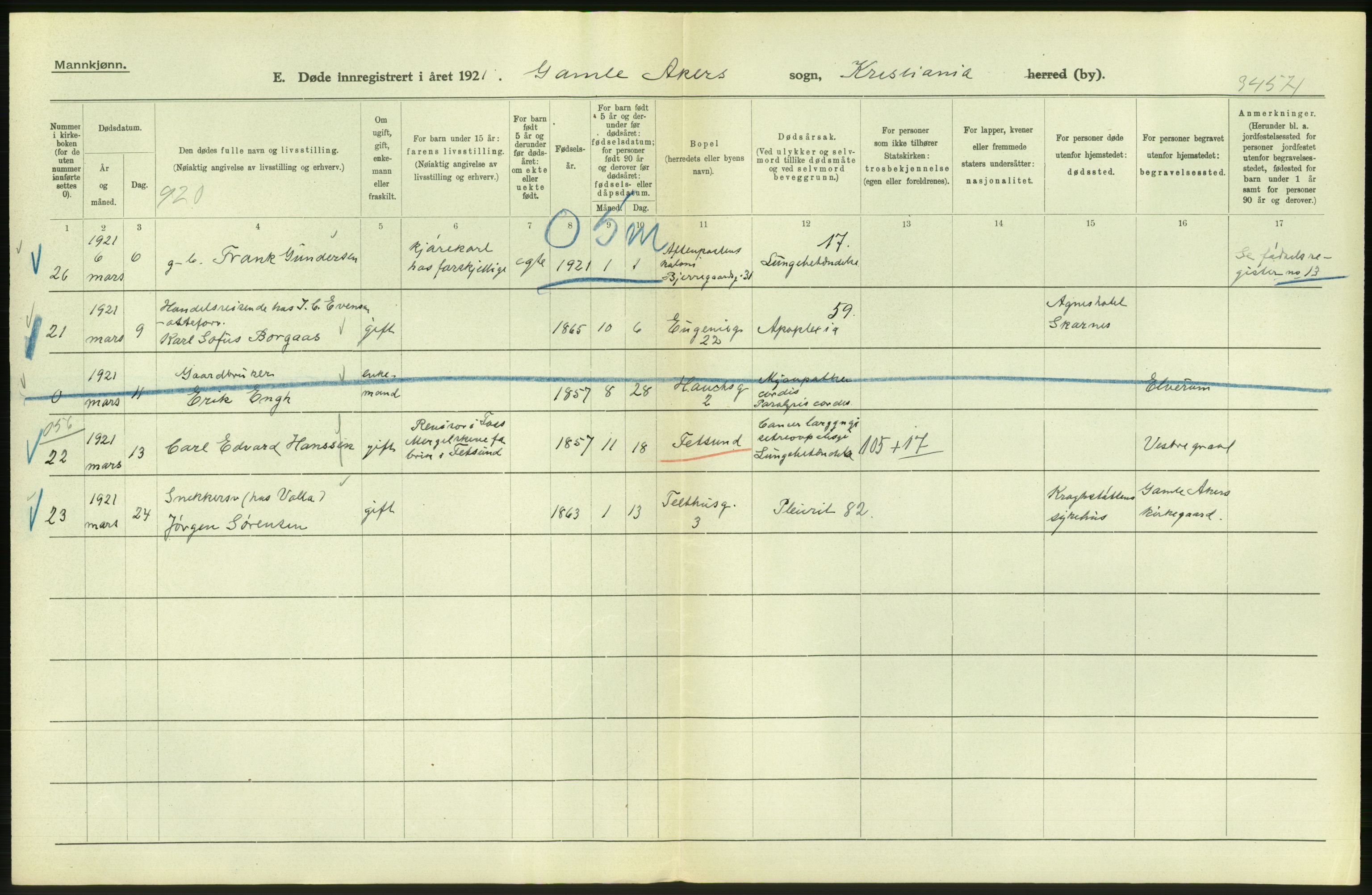 Statistisk sentralbyrå, Sosiodemografiske emner, Befolkning, AV/RA-S-2228/D/Df/Dfc/Dfca/L0012: Kristiania: Døde, 1921, s. 8