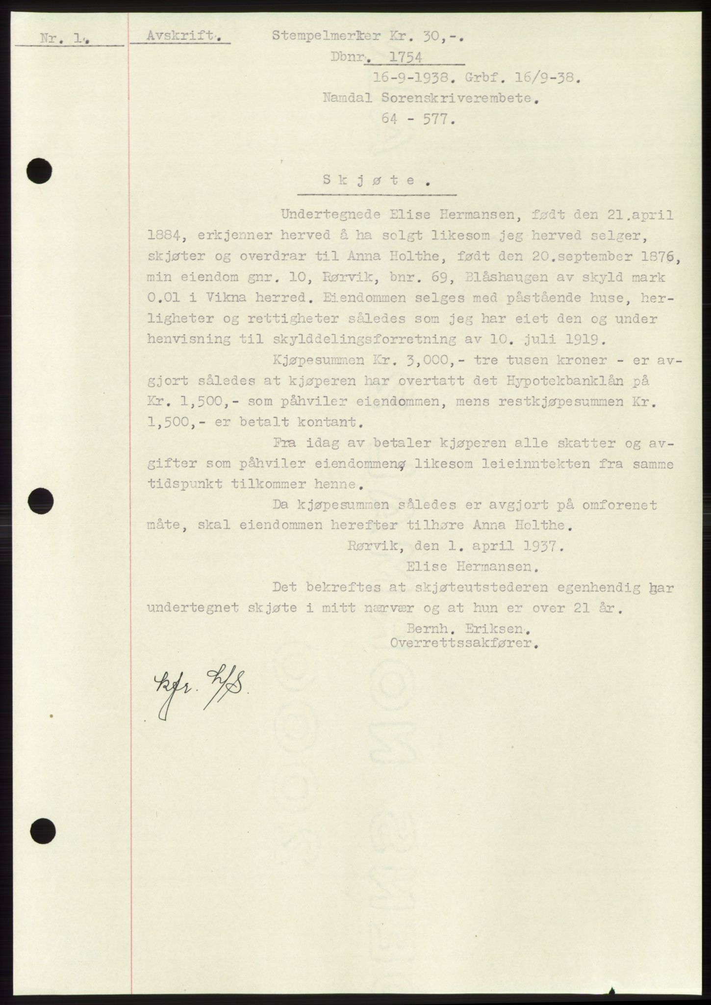 Namdal sorenskriveri, SAT/A-4133/1/2/2C: Pantebok nr. -, 1937-1939, Tingl.dato: 16.09.1938