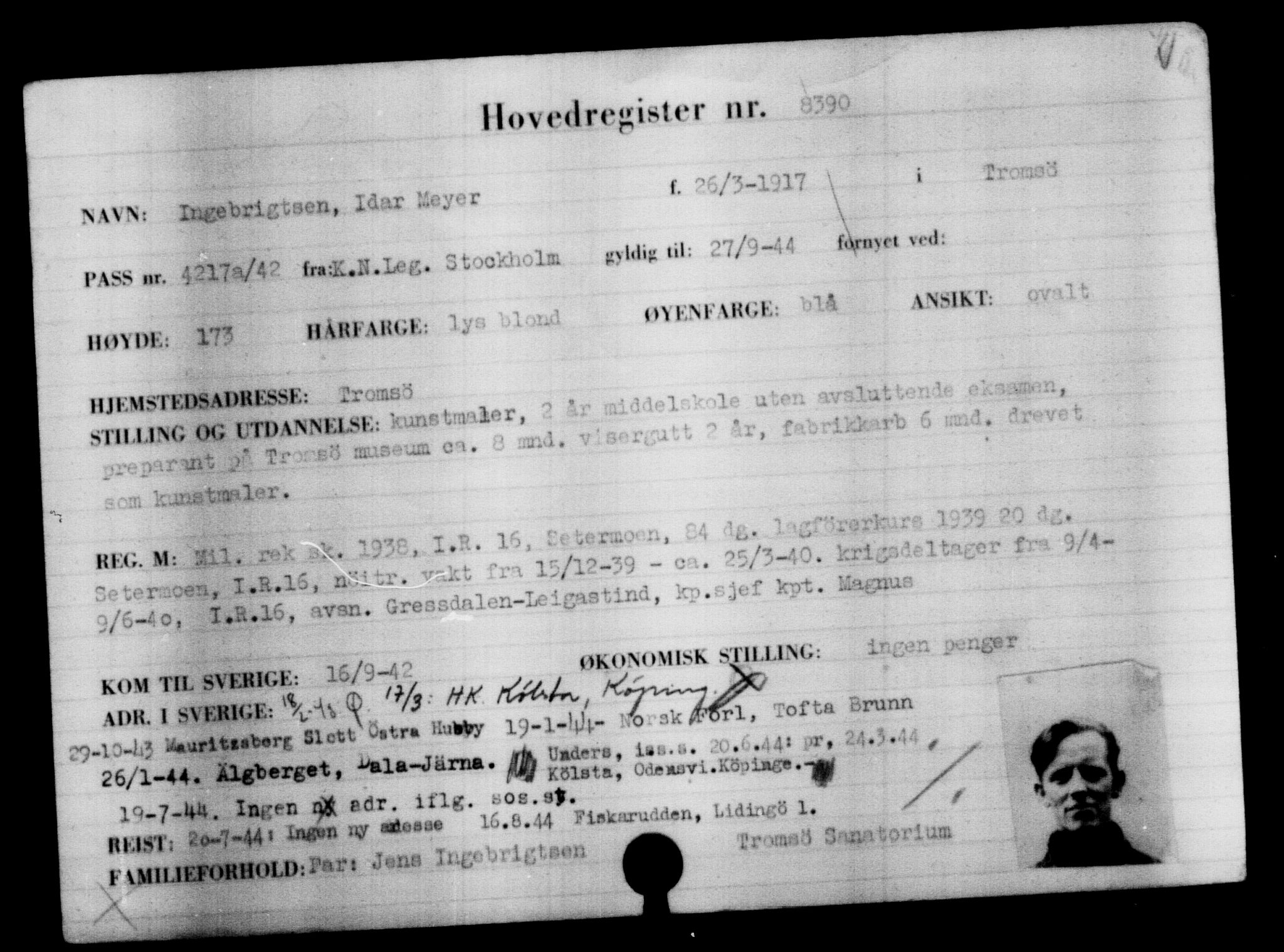 Utenriksstasjonene, Legasjonen i Stockholm, Flyktningkontoret, AV/RA-S-6753/V/Va/L0005: Kjesäterkartoteket, flyktninger med registreringsnr. 6600-9417, 1940-1945, s. 2083