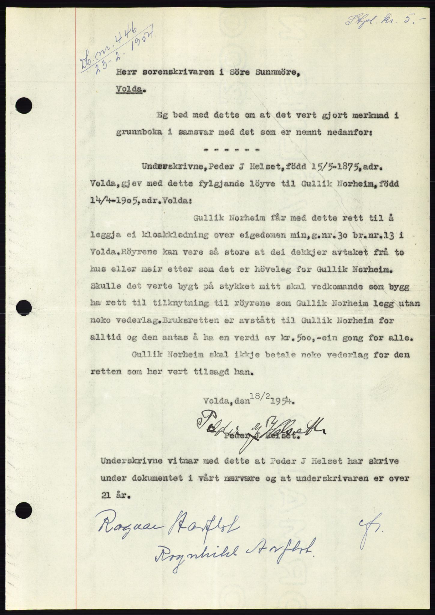 Søre Sunnmøre sorenskriveri, AV/SAT-A-4122/1/2/2C/L0097: Pantebok nr. 23A, 1954-1954, Dagboknr: 446/1954