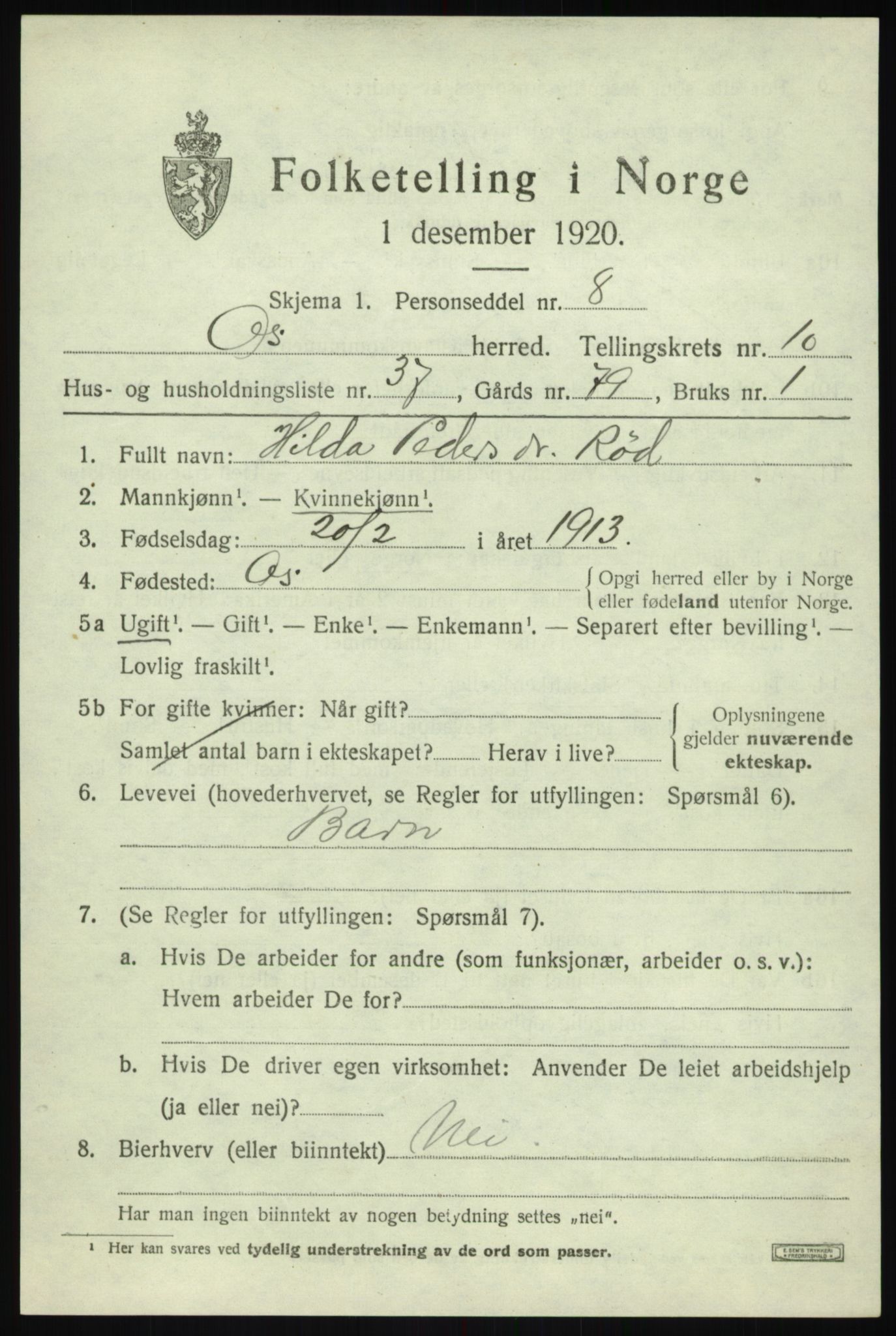SAB, Folketelling 1920 for 1243 Os herred, 1920, s. 8722
