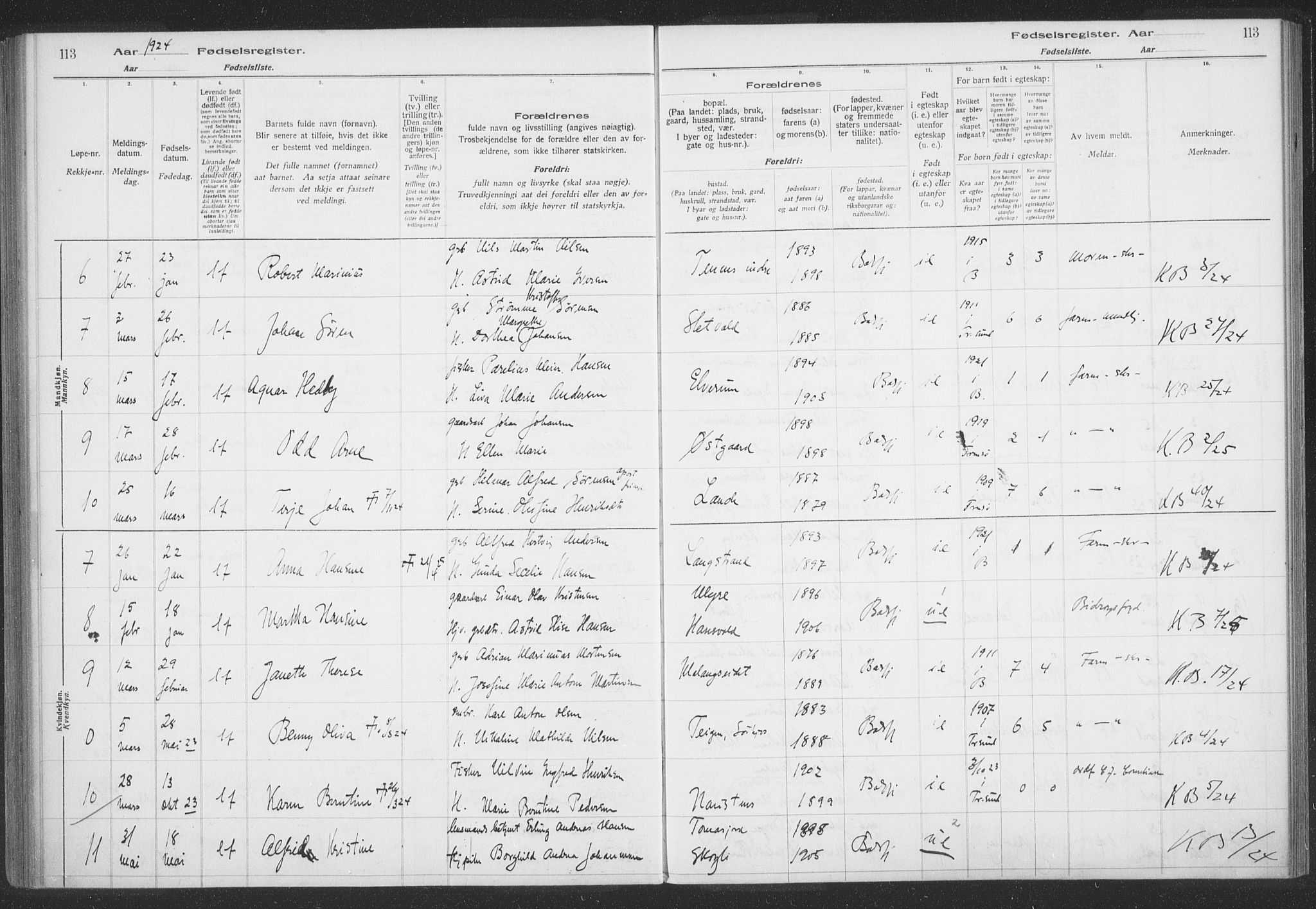 Balsfjord sokneprestembete, AV/SATØ-S-1303/H/Hb/L0059: Fødselsregister nr. 59, 1916-1930, s. 113