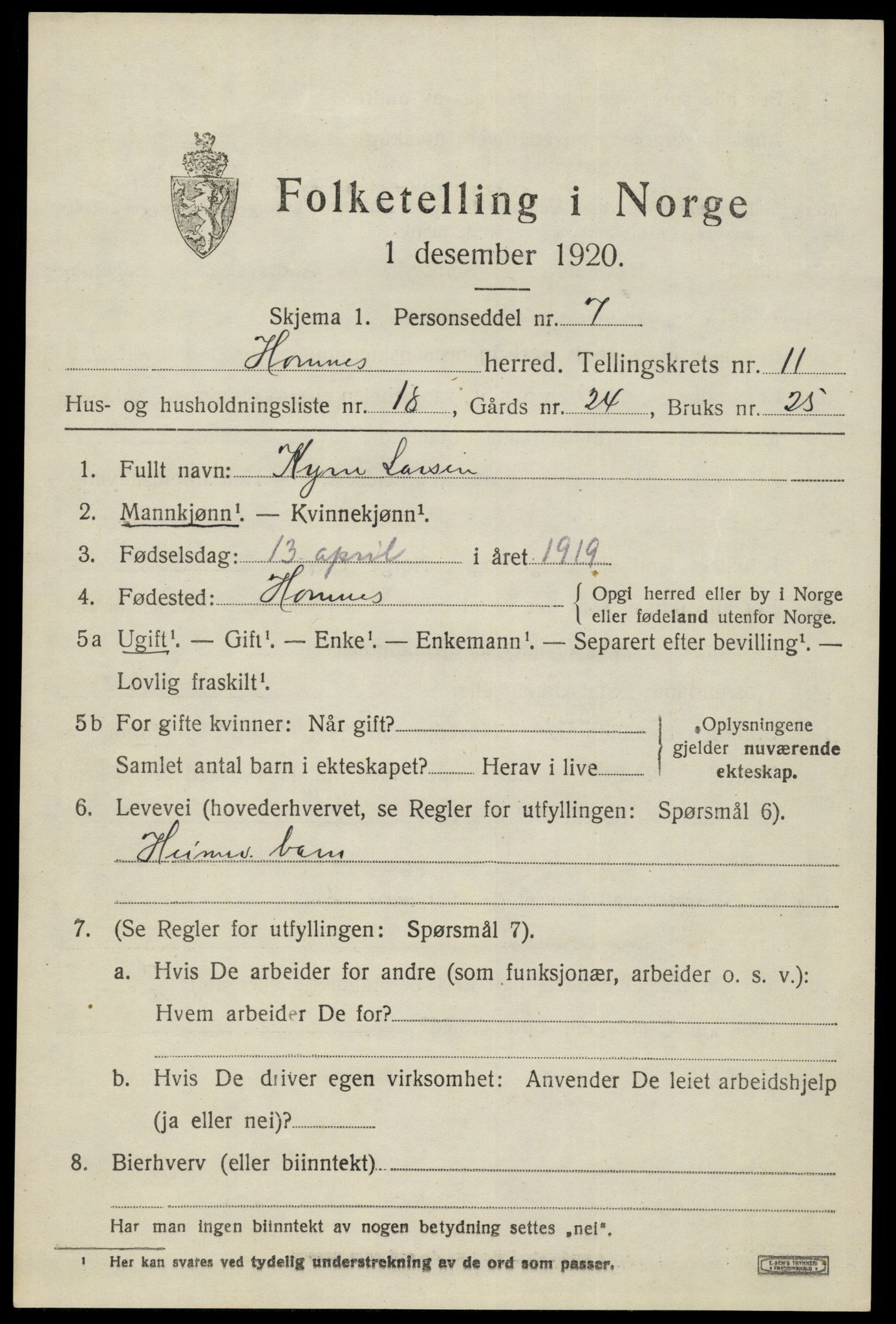 SAK, Folketelling 1920 for 0936 Hornnes herred, 1920, s. 2857