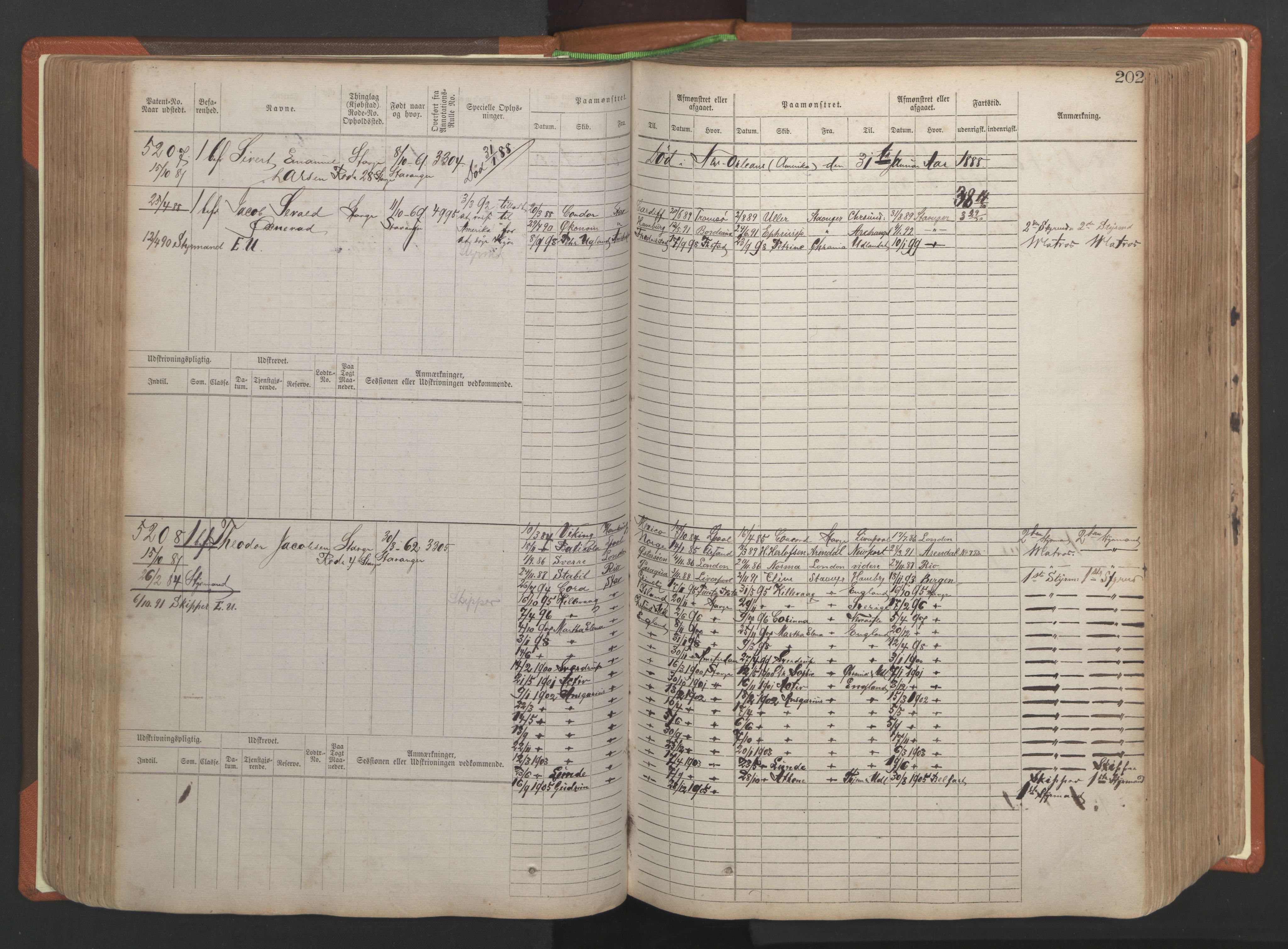 Stavanger sjømannskontor, SAST/A-102006/F/Fb/Fbb/L0009: Sjøfartshovedrulle, patentnr. 4805-6006, 1879-1887, s. 208