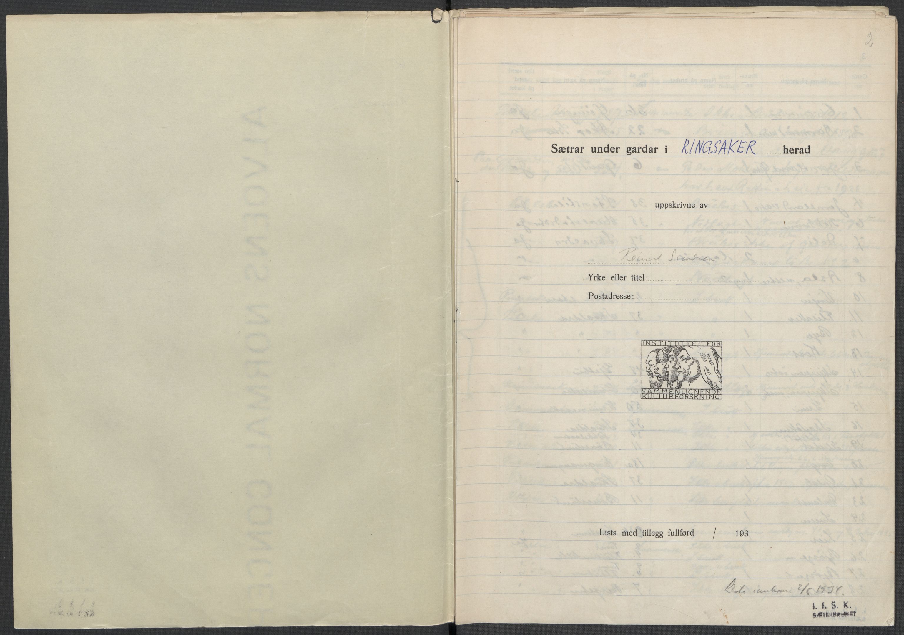 Instituttet for sammenlignende kulturforskning, AV/RA-PA-0424/F/Fc/L0002/0003: Eske B2: / Hedmark (perm III), 1934-1936, s. 2