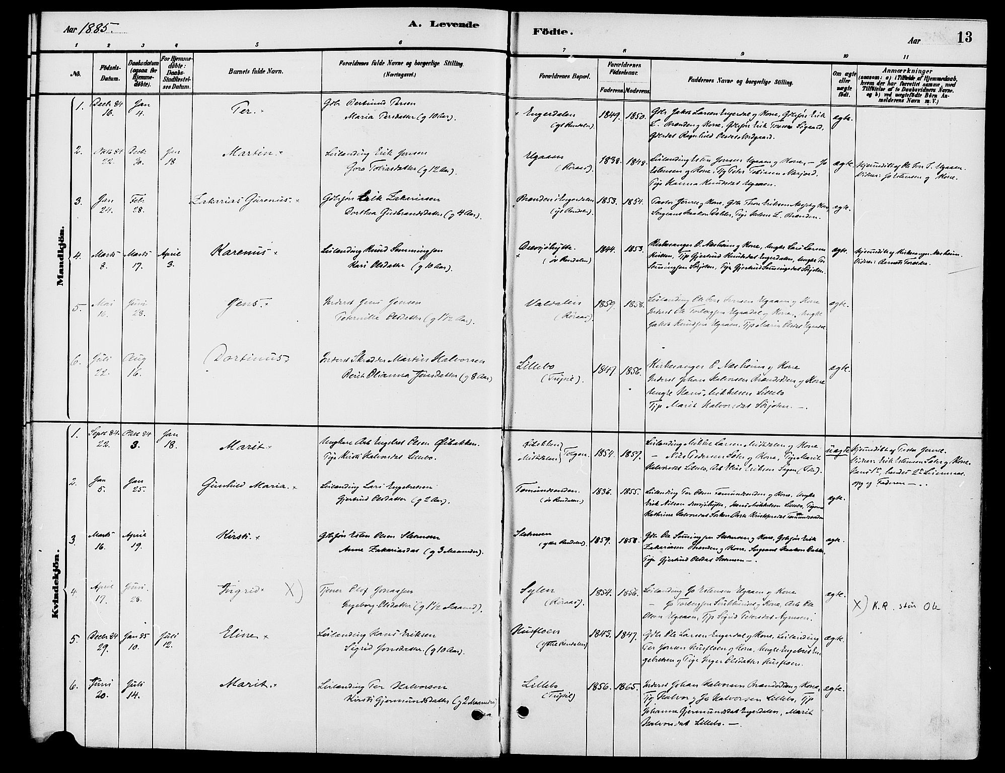 Engerdal prestekontor, AV/SAH-PREST-048/H/Ha/Haa/L0001: Ministerialbok nr. 1, 1881-1898, s. 13