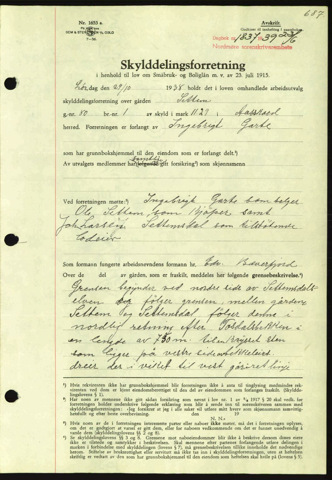 Nordmøre sorenskriveri, SAT/A-4132/1/2/2Ca: Pantebok nr. A86, 1939-1939, Dagboknr: 1837/1939