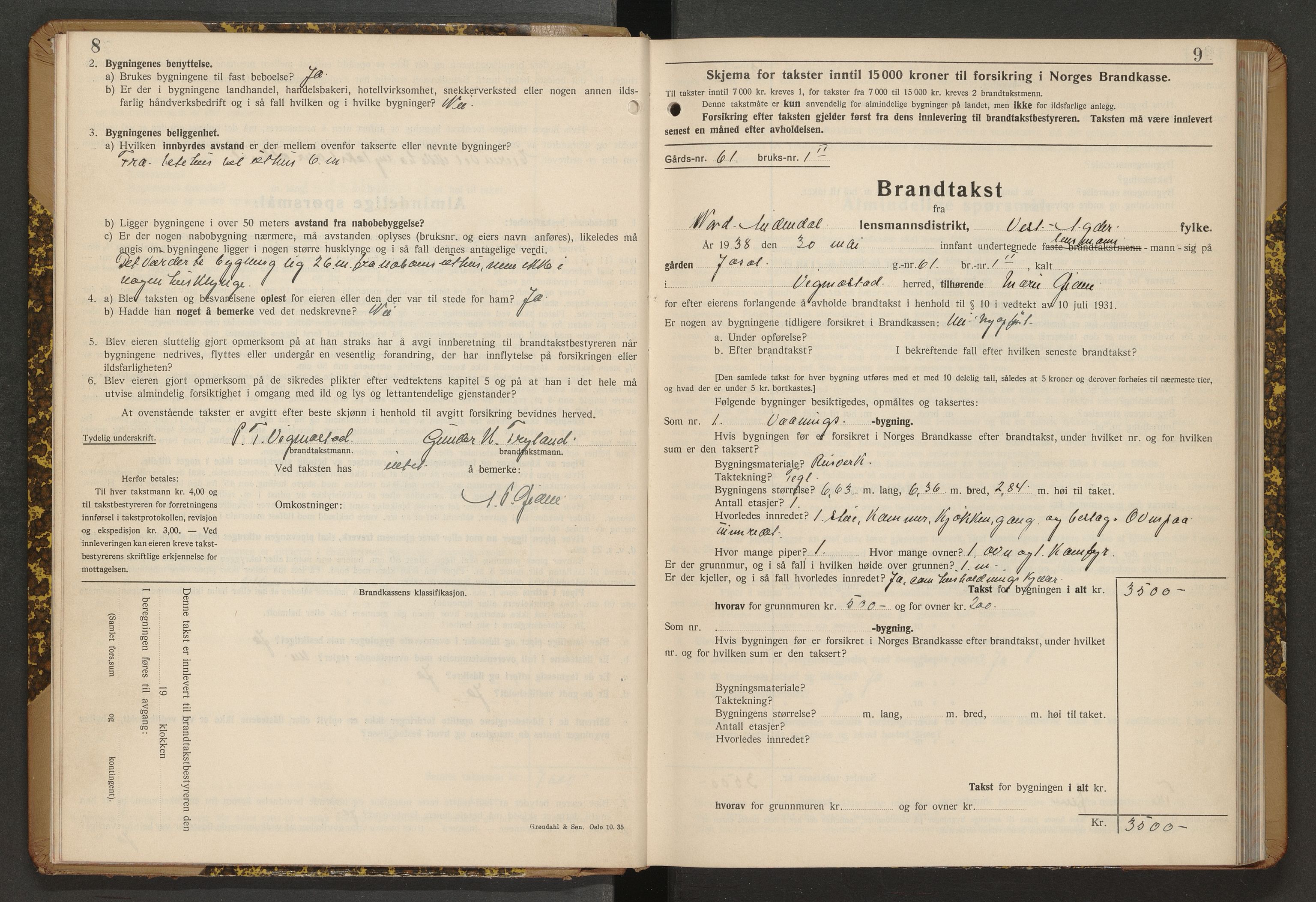 Norges Brannkasse Nord-Audnedal, AV/SAK-2241-0041/F/Fa/L0005: Branntakstprotokoll nr. 5 med gårdsnavnregister, 1938-1957