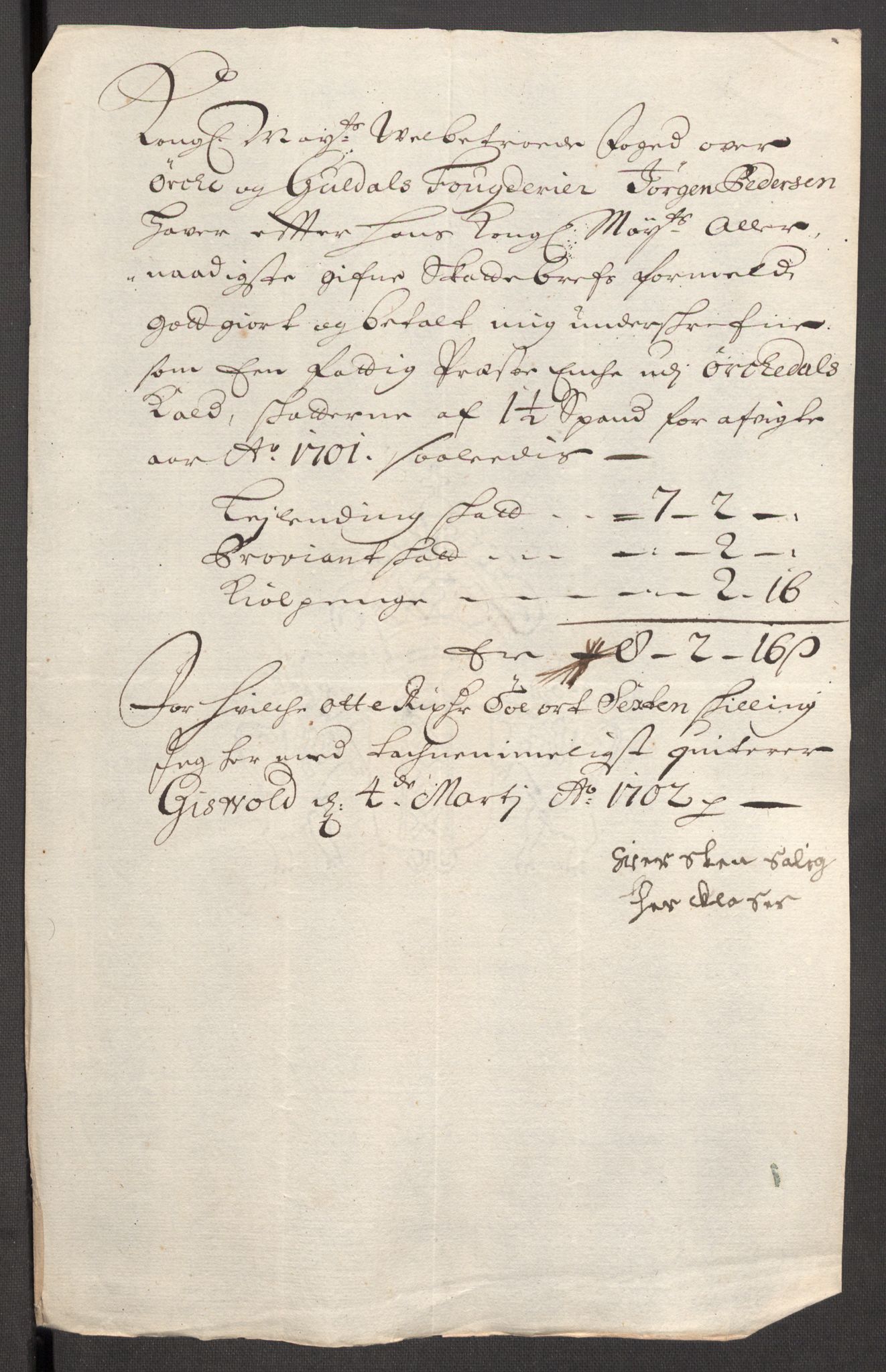 Rentekammeret inntil 1814, Reviderte regnskaper, Fogderegnskap, AV/RA-EA-4092/R60/L3951: Fogderegnskap Orkdal og Gauldal, 1701, s. 154