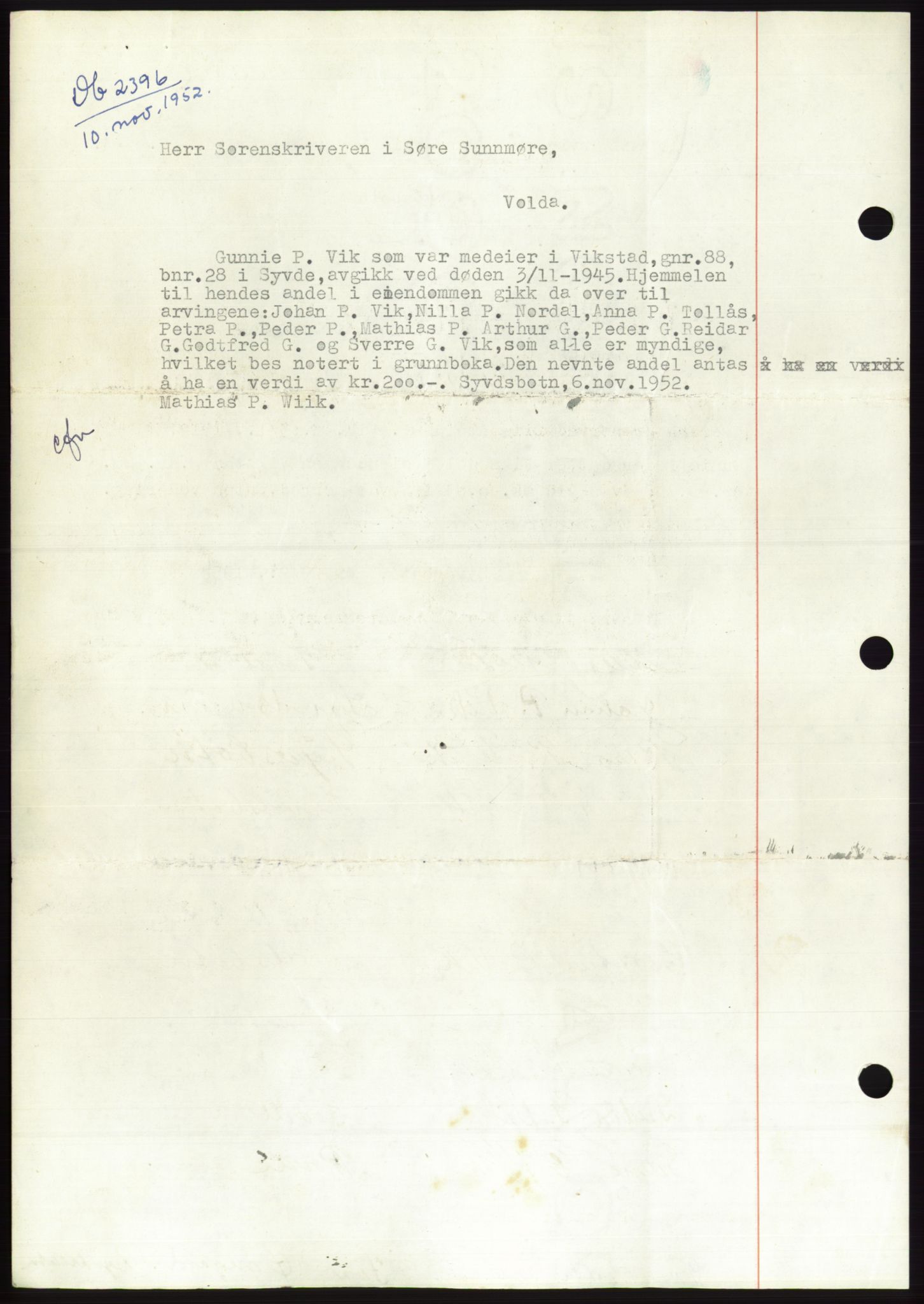 Søre Sunnmøre sorenskriveri, AV/SAT-A-4122/1/2/2C/L0093: Pantebok nr. 19A, 1952-1953, Dagboknr: 2396/1952