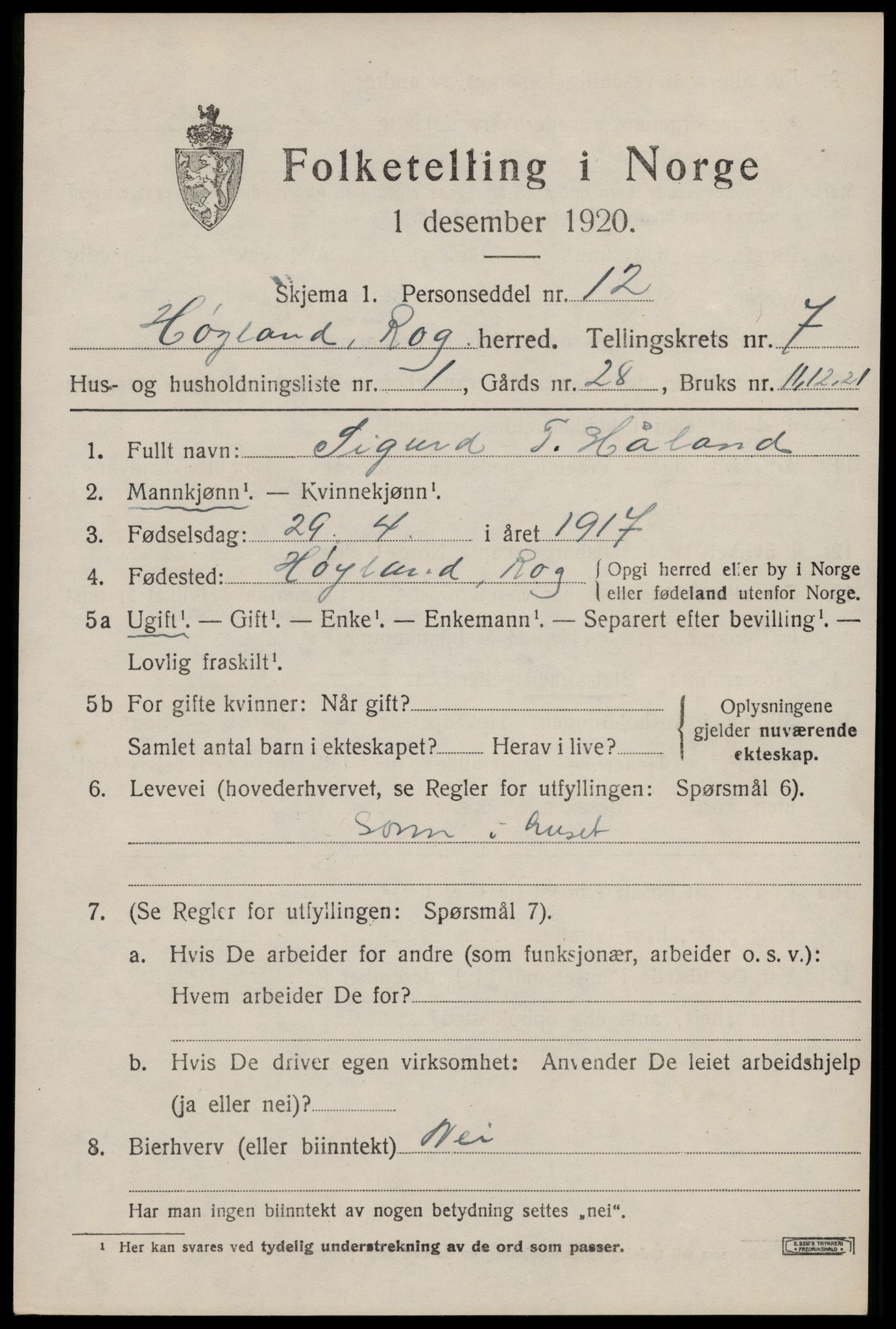 SAST, Folketelling 1920 for 1123 Høyland herred, 1920, s. 4630