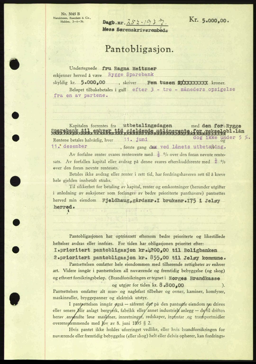 Moss sorenskriveri, SAO/A-10168: Pantebok nr. B3, 1937-1937, Dagboknr: 252/1937