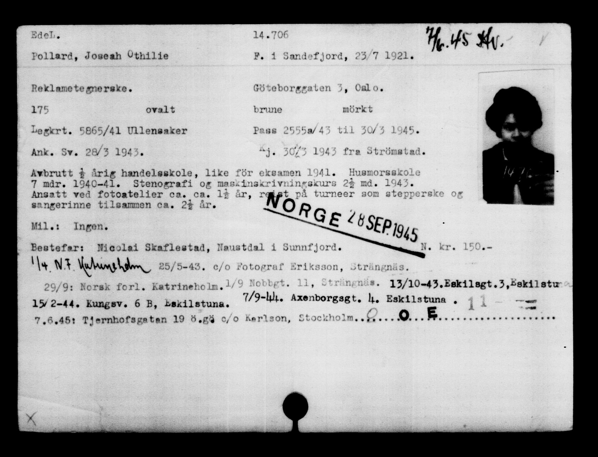 Utenriksstasjonene, Legasjonen i Stockholm, Flyktningkontoret, AV/RA-S-6753/V/Va/L0007: Kjesäterkartoteket, flyktninger med registreringsnr. 12700-15723, 1940-1945, s. 2316