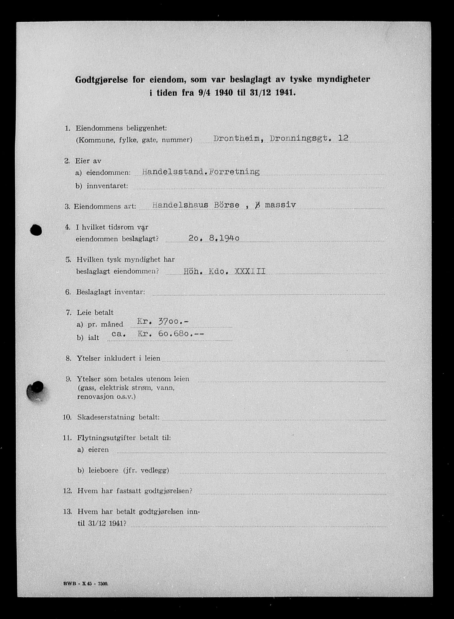 Justisdepartementet, Tilbakeføringskontoret for inndratte formuer, AV/RA-S-1564/I/L1018: Godtgjørelse for beslaglagt eiendom, 1940-1941, s. 54