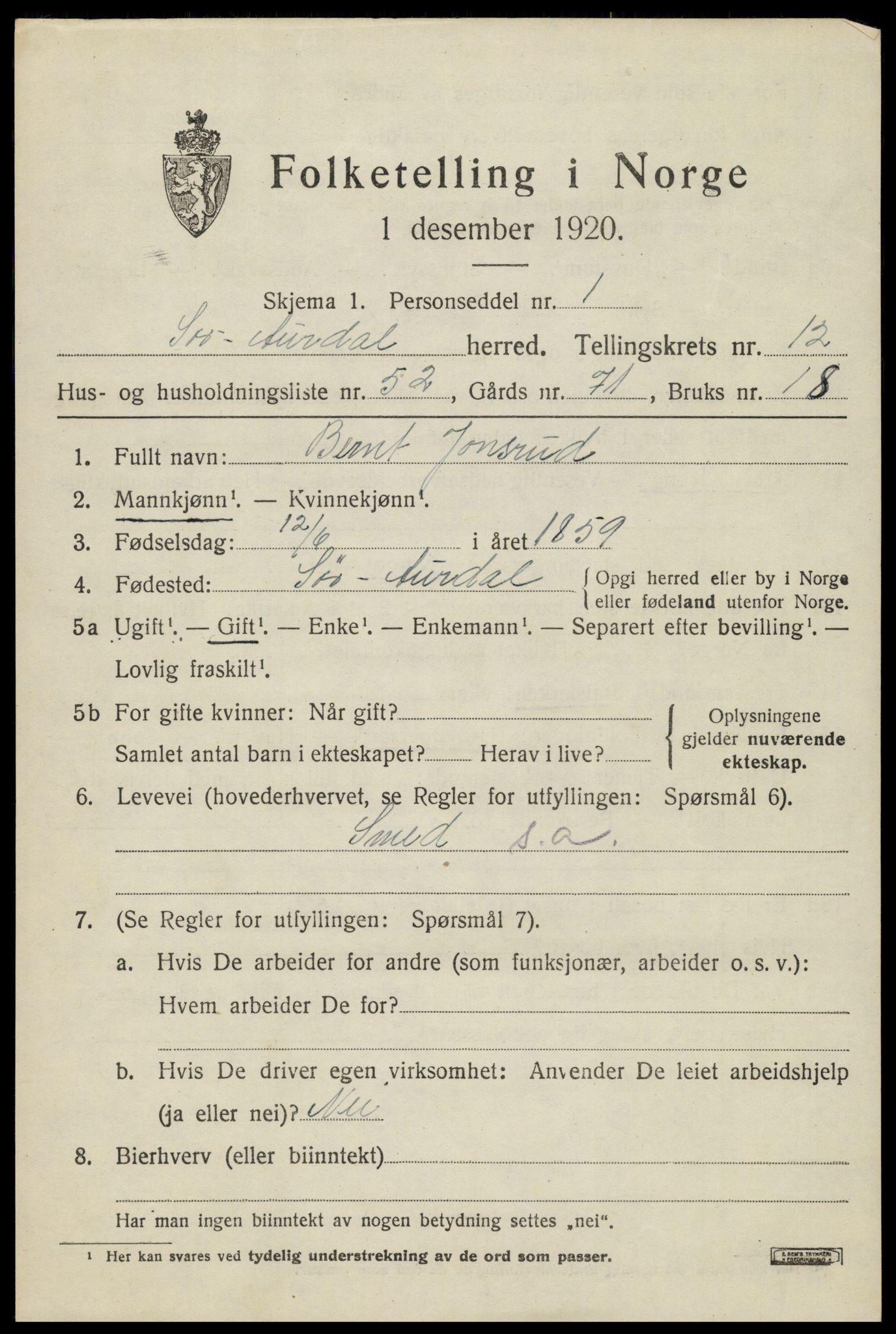 SAH, Folketelling 1920 for 0540 Sør-Aurdal herred, 1920, s. 7459