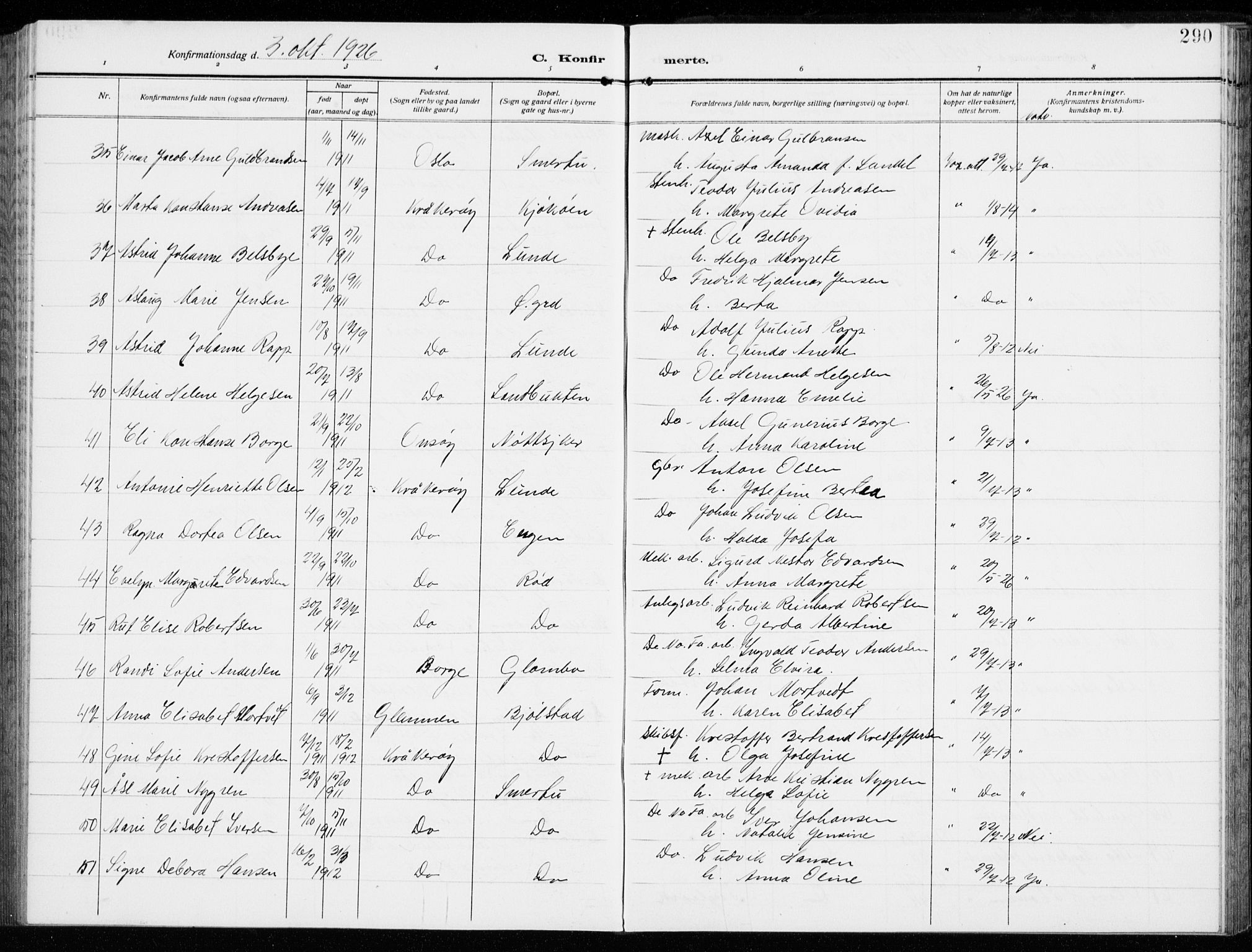 Kråkerøy prestekontor Kirkebøker, AV/SAO-A-10912/G/Ga/L0001: Klokkerbok nr. 1, 1908-1944, s. 290