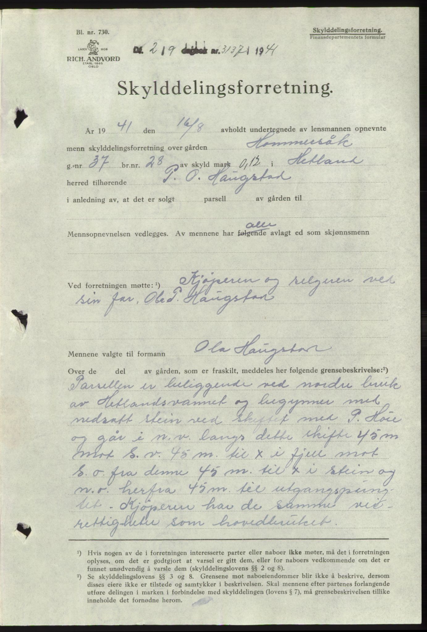 Jæren sorenskriveri, SAST/A-100310/03/G/Gba/L0081: Pantebok, 1941-1941, Dagboknr: 3137/1941