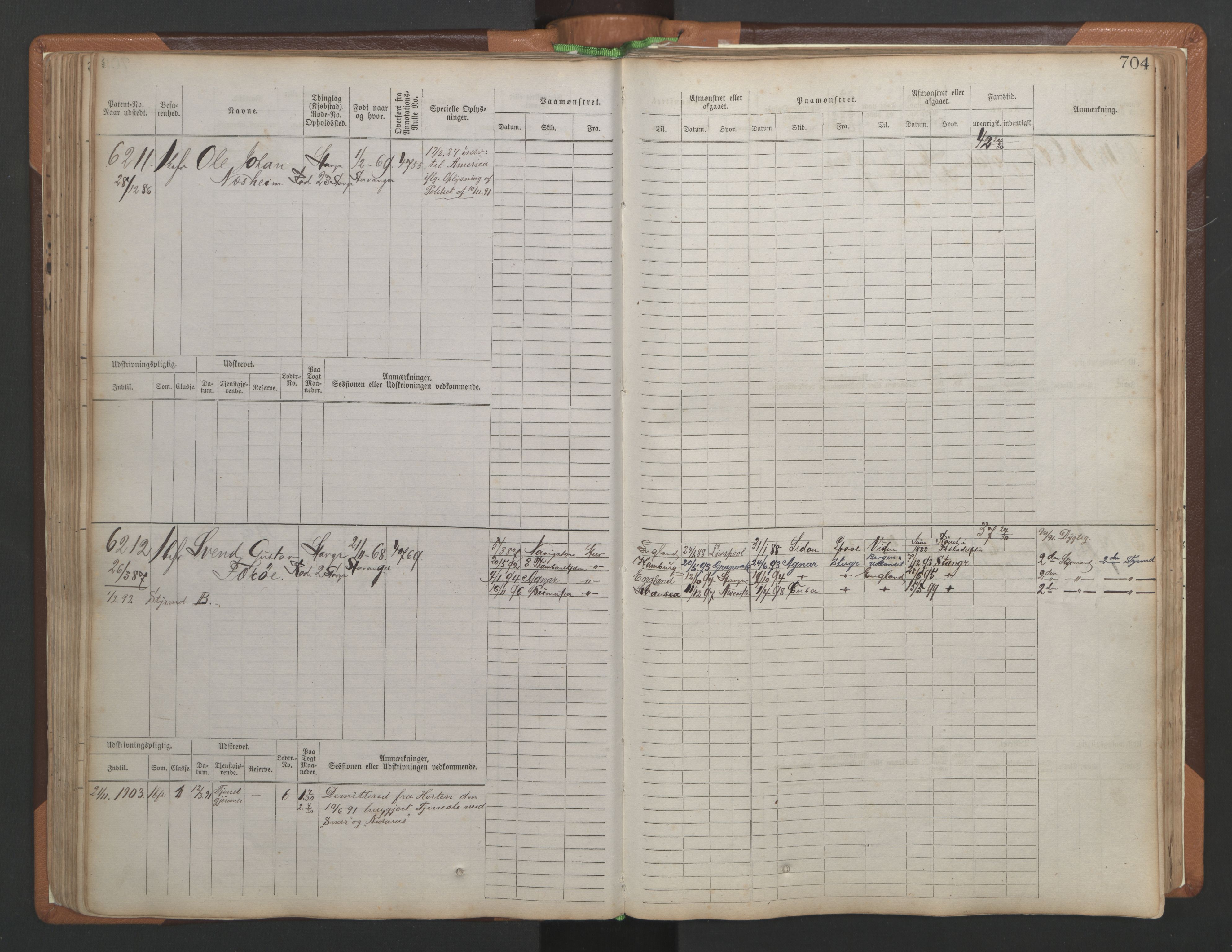 Stavanger sjømannskontor, AV/SAST-A-102006/F/Fb/Fbb/L0010: Sjøfartshovedrulle, patentnr. 6007-6606 (del 1), 1887-1896, s. 108