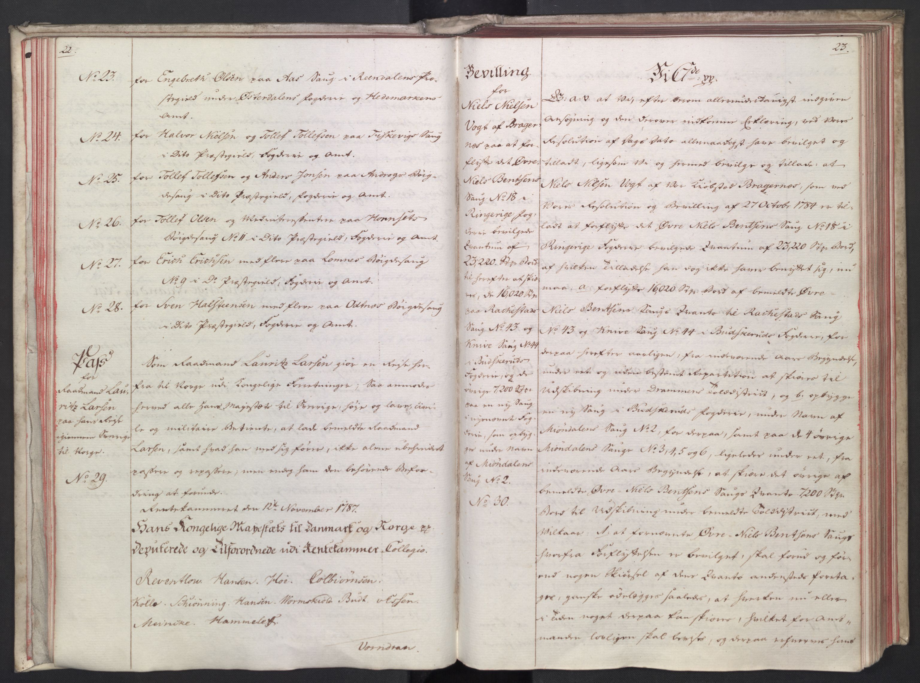 Rentekammeret, Kammerkanselliet, RA/EA-3111/G/Gg/Gga/L0014: Norsk ekspedisjonsprotokoll med register (merket RK 53.14), 1787-1790, s. 22-23