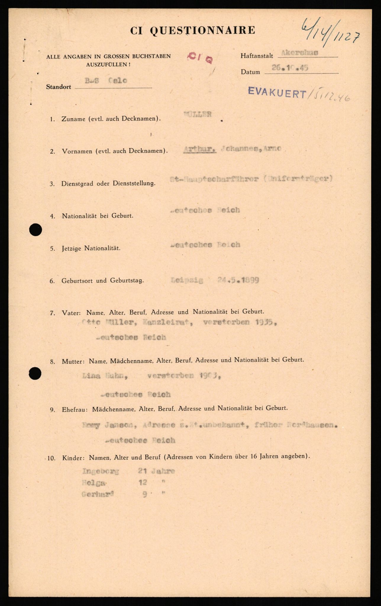 Forsvaret, Forsvarets overkommando II, AV/RA-RAFA-3915/D/Db/L0023: CI Questionaires. Tyske okkupasjonsstyrker i Norge. Tyskere., 1945-1946, s. 2