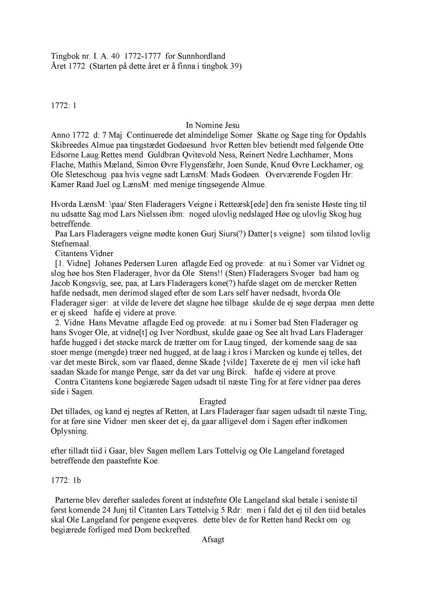 Samling av fulltekstavskrifter, SAB/FULLTEKST/A/12/0040: Sunnhordland sorenskriveri, tingbok nr. A 40, 1772-1777