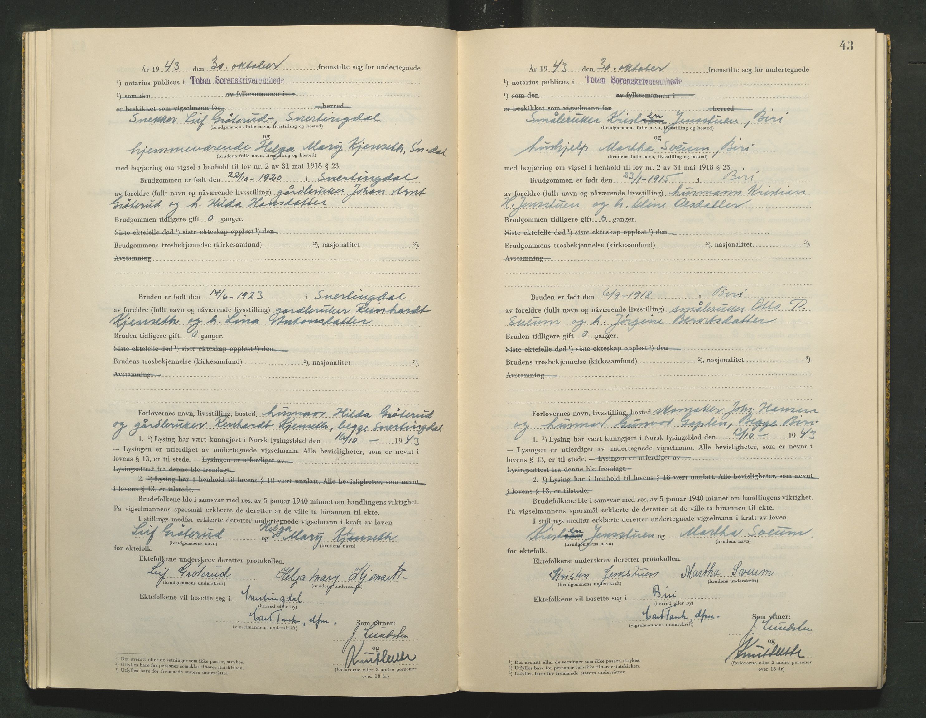 Toten tingrett, AV/SAH-TING-006/L/Lc/L0003: Vigselbok, 1943-1944, s. 43