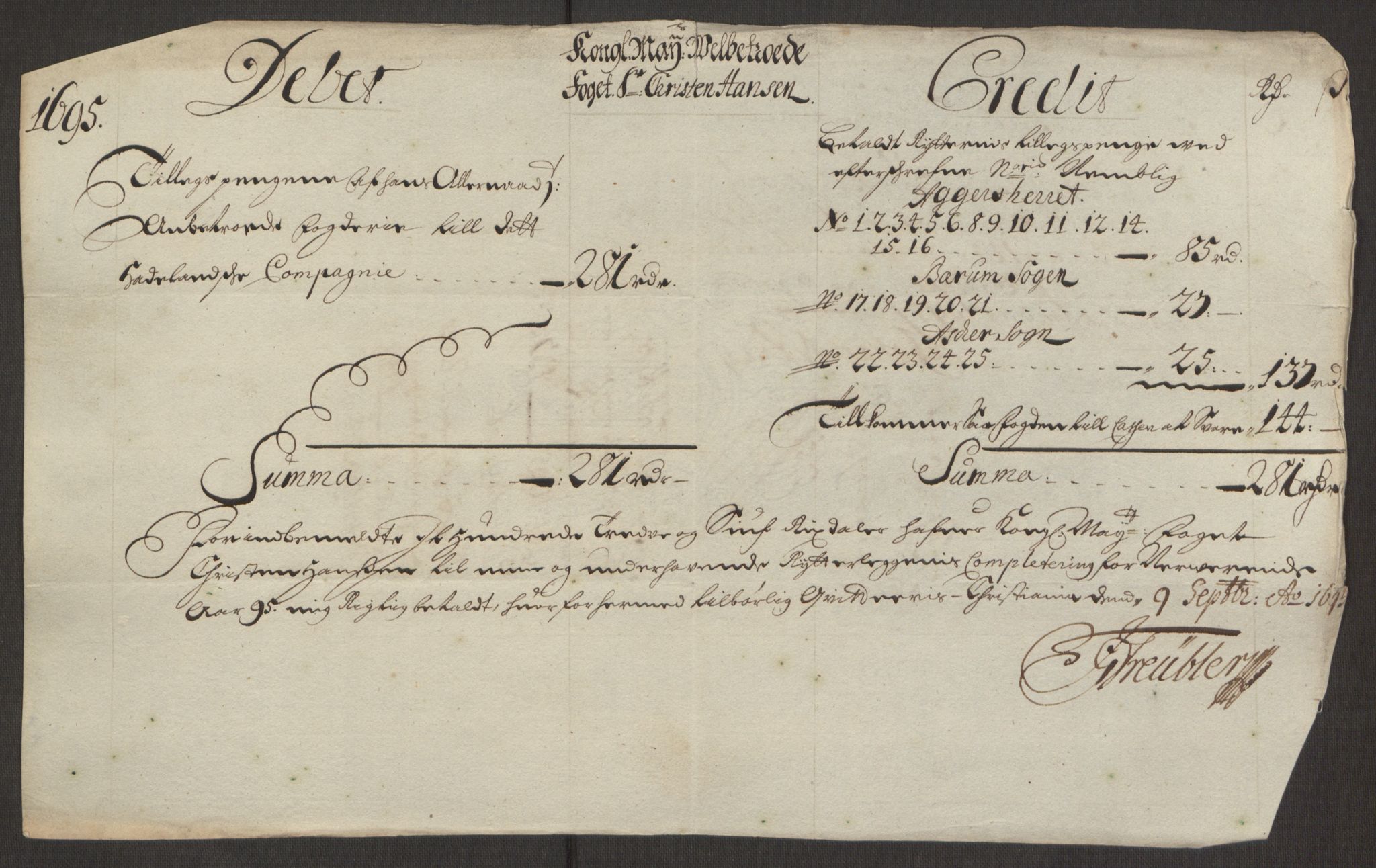 Rentekammeret inntil 1814, Reviderte regnskaper, Fogderegnskap, AV/RA-EA-4092/R10/L0439: Fogderegnskap Aker og Follo, 1695, s. 227