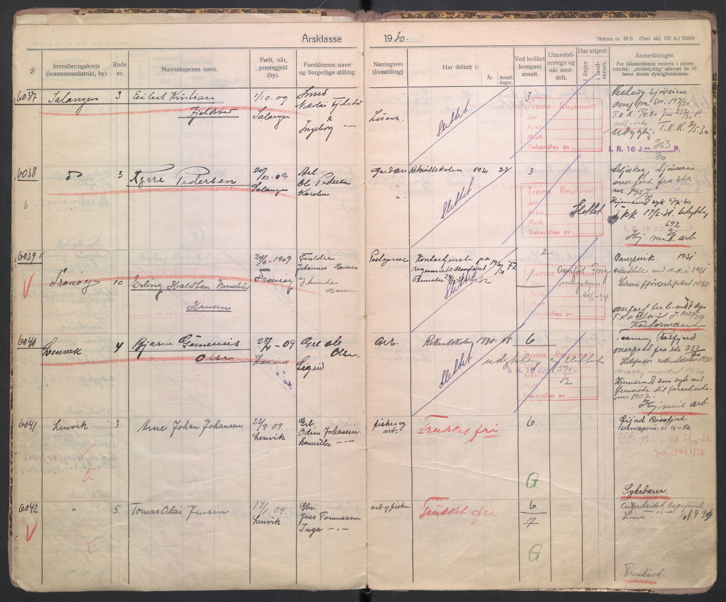 Forsvaret, Troms infanteriregiment nr. 16, AV/RA-RAFA-3146/P/Pa/L0005/0004: Ruller / Rulle for regimentets ikke-stridende menige mannskaper, årsklasse 1930, 1930