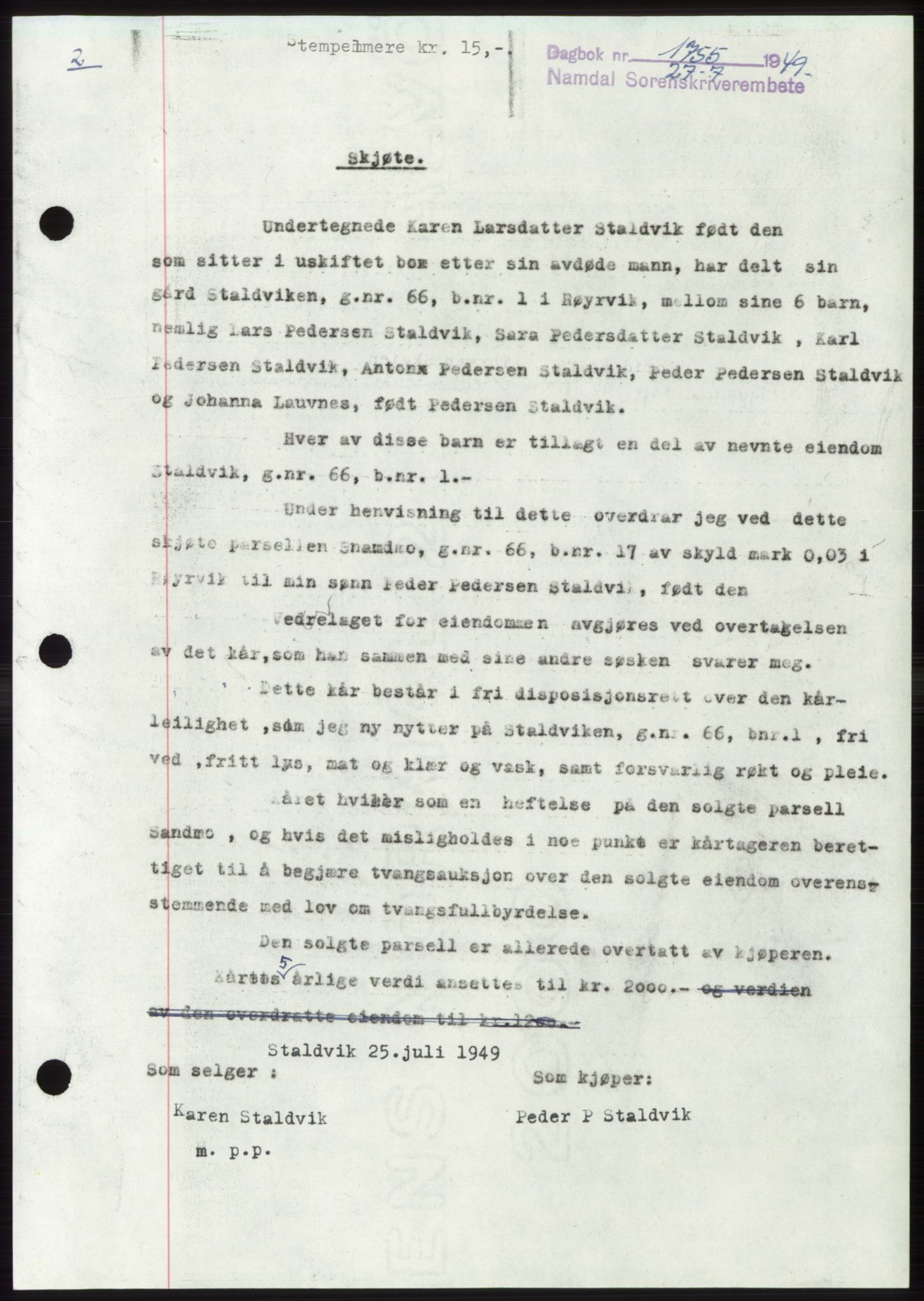 Namdal sorenskriveri, SAT/A-4133/1/2/2C: Pantebok nr. -, 1949-1949, Dagboknr: 1755/1949