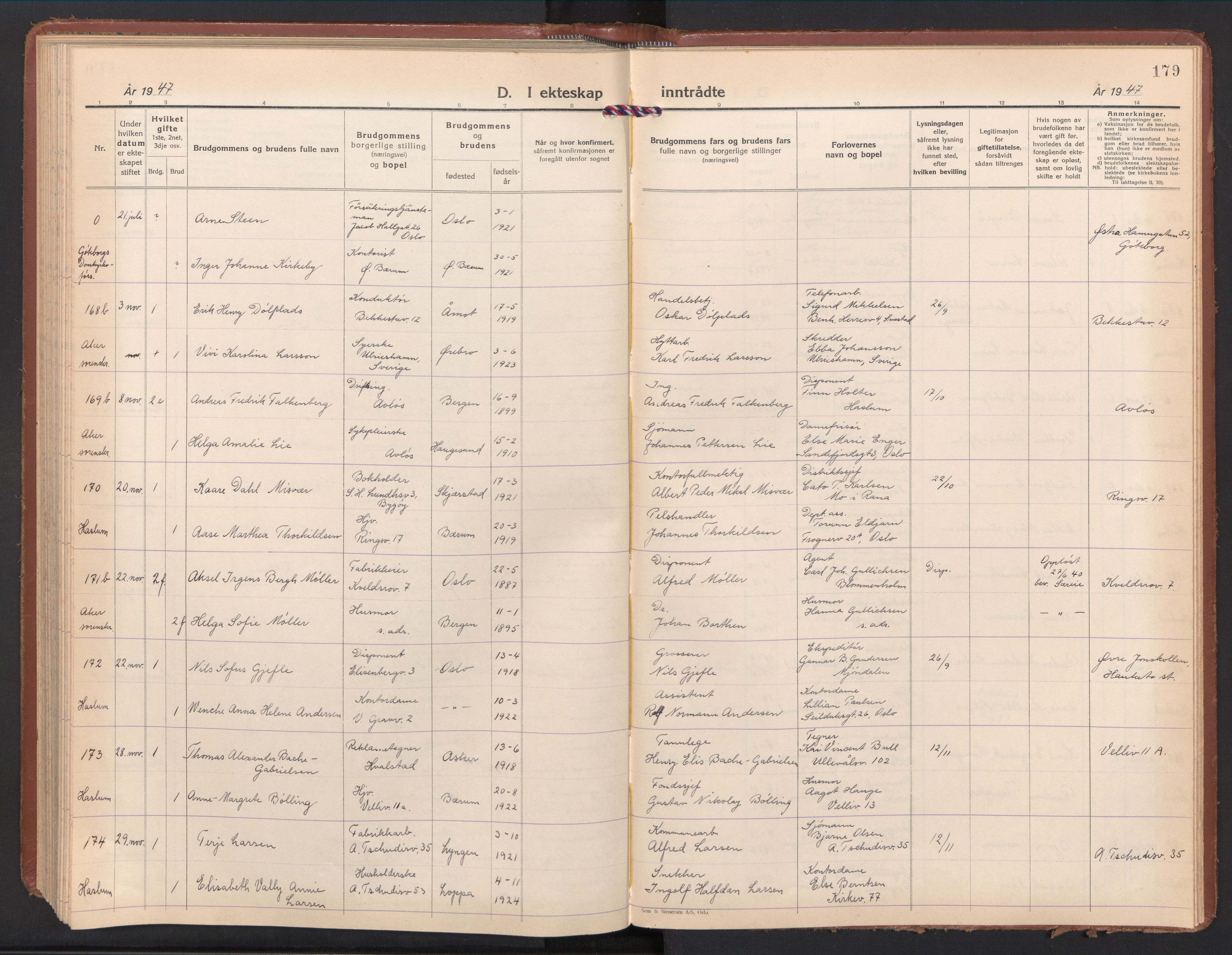 Østre Bærum prestekontor Kirkebøker, AV/SAO-A-10887/F/Fa/L0008: Ministerialbok nr. 8, 1940-1948, s. 179