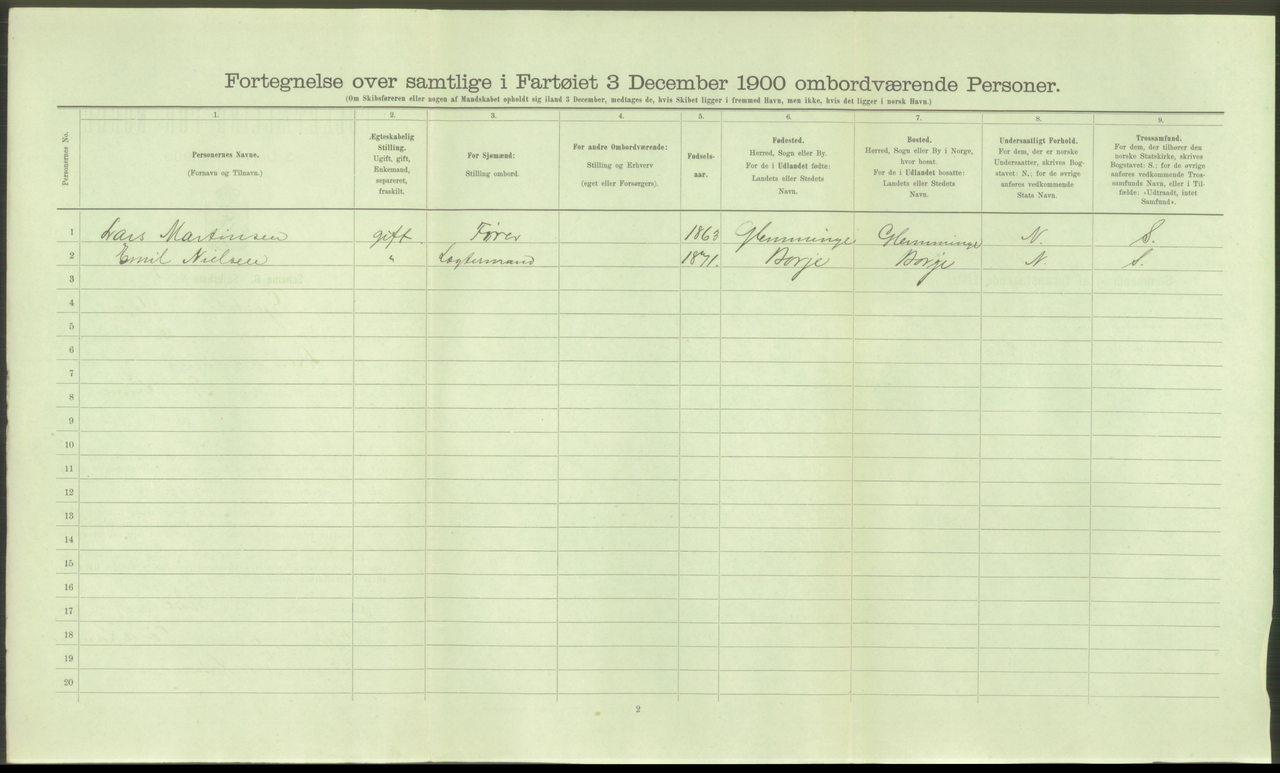 RA, Folketelling 1900 - skipslister med personlister for skip i norske havner, utenlandske havner og til havs, 1900, s. 6