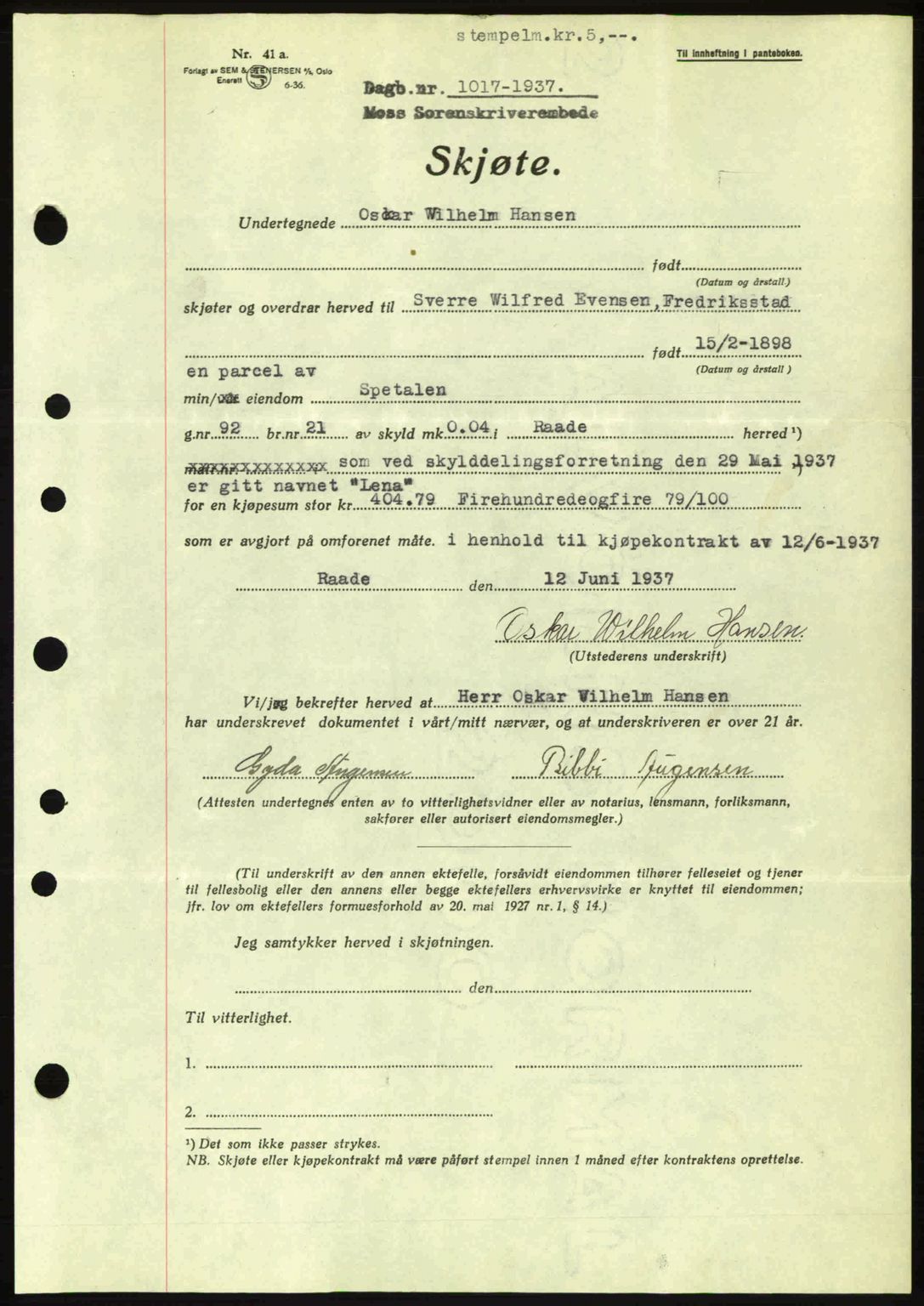 Moss sorenskriveri, SAO/A-10168: Pantebok nr. A3, 1937-1938, Dagboknr: 1017/1937